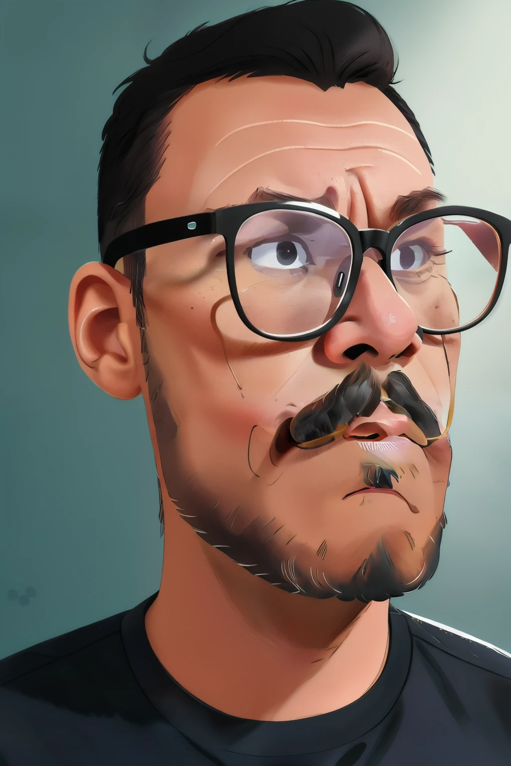 guttonervision8, ((best quality)), ((masterpiece)), ((realistic cartoon)), ((perfect character)) - A frontal portrait, meticulously detailed and realistic, of a bearded man wearing glasses and a black shirt. The image captures the man's discreet smile, adding a touch of warmth and approachability to the portrait. The beard is carefully depicted, and the glasses are rendered with precision. The black shirt showcases fine textures, emphasizing the professionalism of the image. This portrait, designed for official documents, is presented in stunning 8K UHD resolution, ensuring clarity and authenticity.