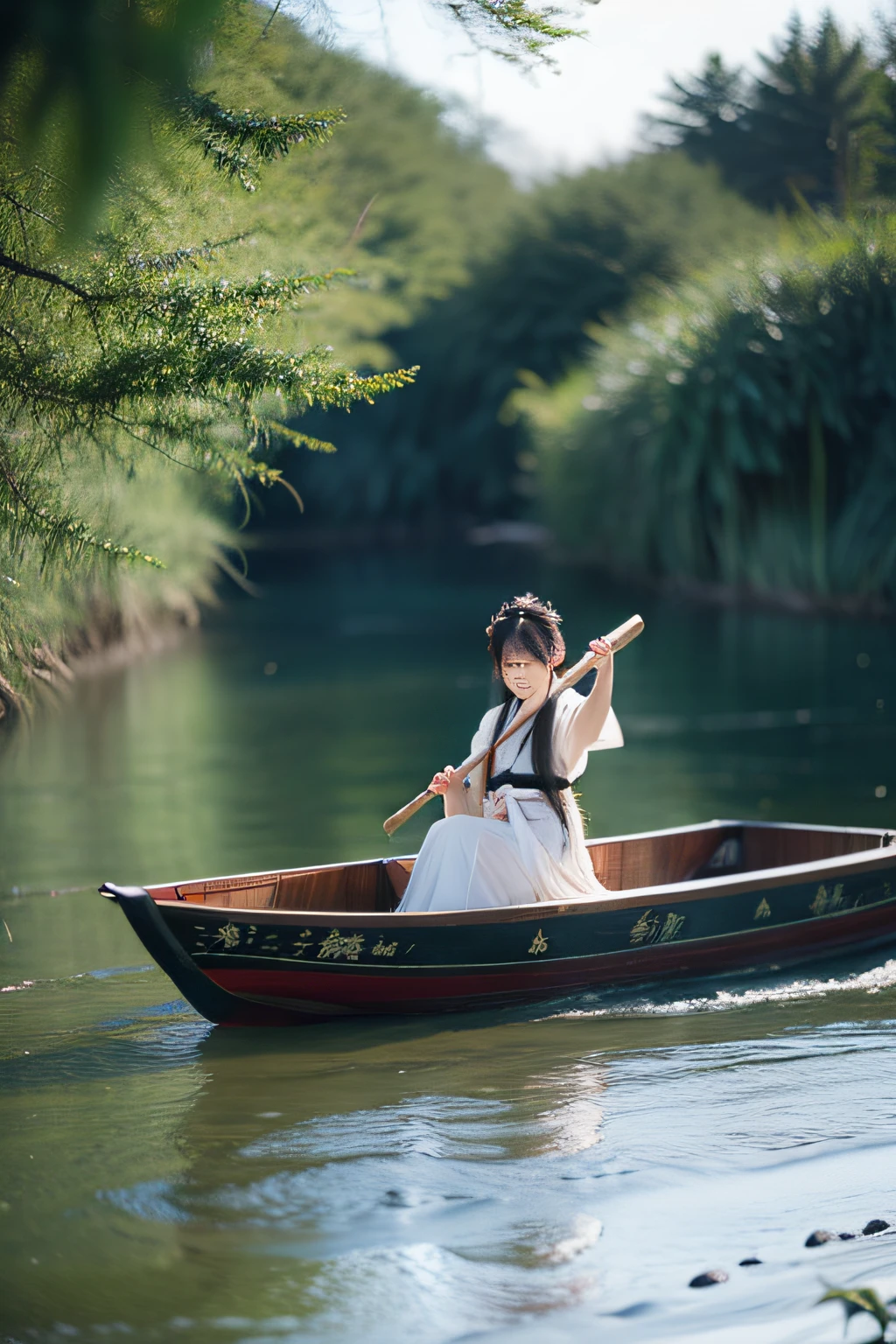 On the river, The bamboo raft wearing Hanfu is a woman rowing