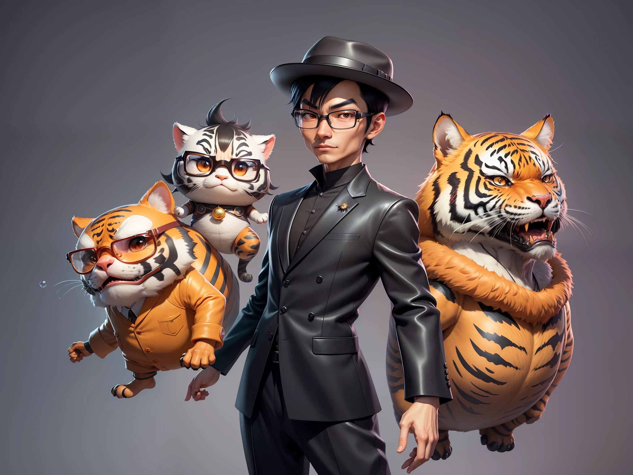 Young man with oriental face in leather hat, tiger, oriental face in formal suit, short black hair, silver glasses, digital painting, 3D character design by Mark Clairedon and Pixar and Hayao Miyazaki and Akira Toriyama, the illustration is a high-definition illustration in 4K resolution with very detailed facial features and cartoon-style visuals.