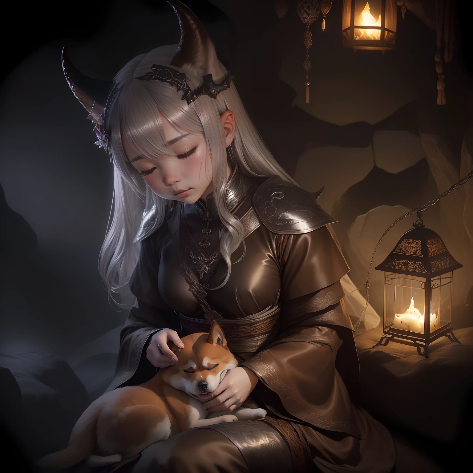 Inside a dimly lit cave、((Clean with horns and wings、Silver-haired dragon tribe girl、Bondage costumes、Depiction of a cute brown Shiba Inu sleeping on his lap))、Close-up photos、Volumetric fog、Halation、、Dramatic atmosphere、central、thirds rule、