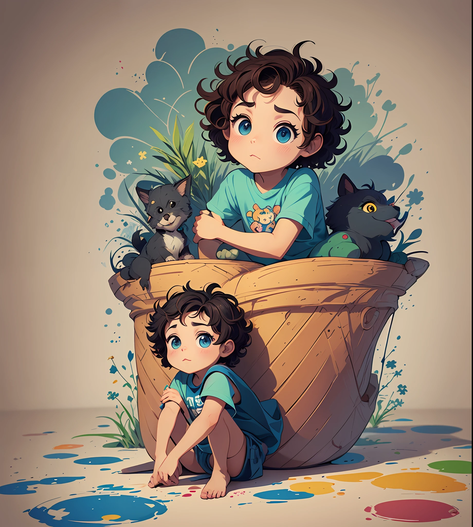 Cartoon boy with curly hair and a dog sitting on the floor, painting digital adorable, official illustration, arte conceitual do ****** solteiro, personagem bonito dos desenhos animados, arte digital detalhada bonito, arte digital bonito, arte fofa, Cartoon style illustration, personagem bonito, ****** bonito, design de personagem bonito pixar, illustration of children's books, illustration of children's books, digital illustation, design de personagem de alta qualidade, character illustration --auto --s2