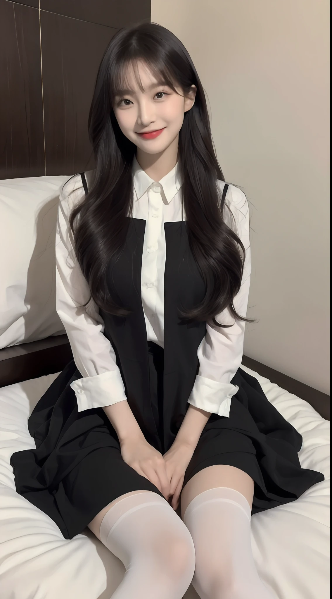 Araffe girl in a black dress and white shirt sitting on a bed - SeaArt AI