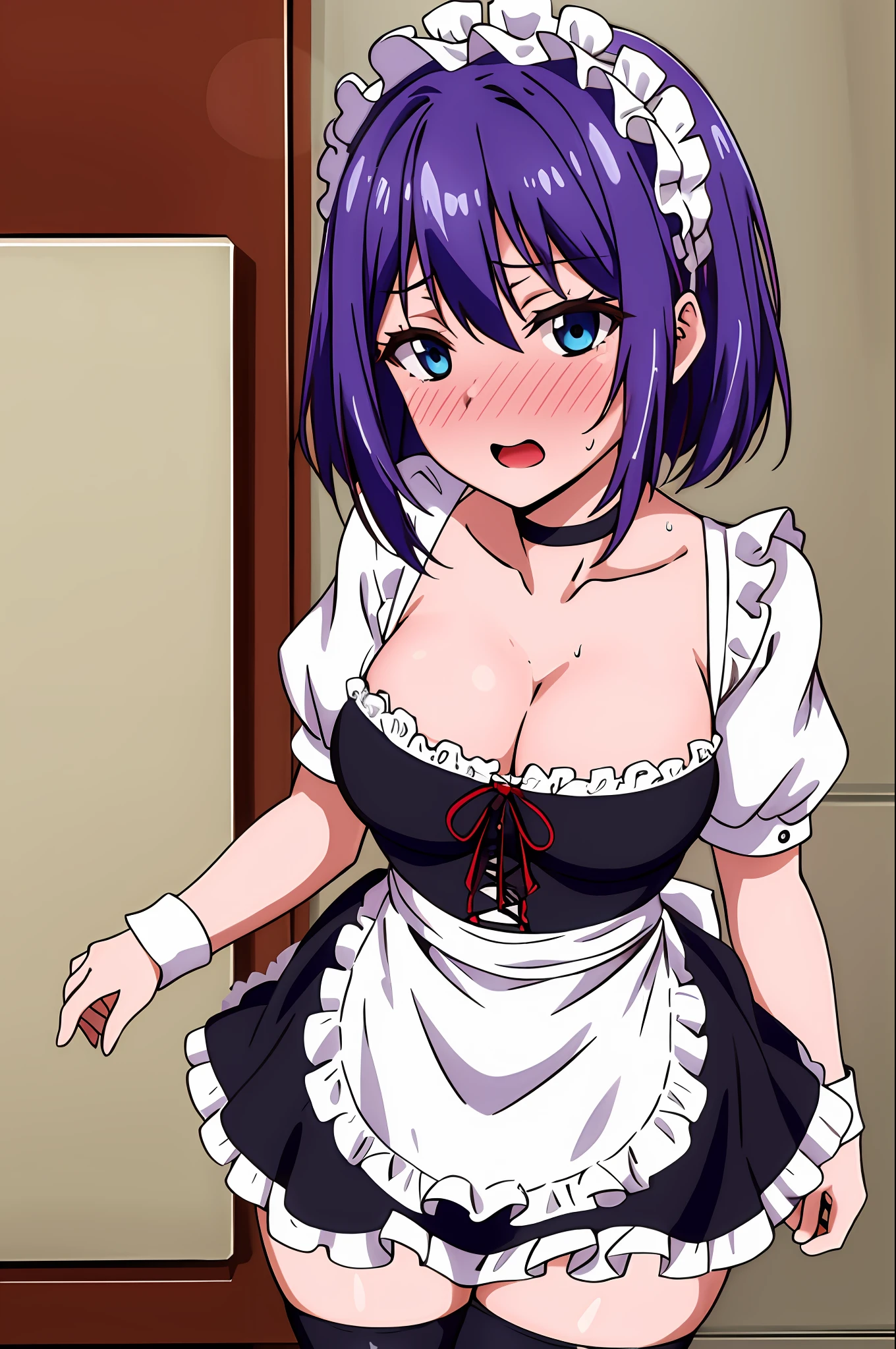 masterpiece, best quality, high resolution, extremely detailed, detailed background, cinematic lighting, dynamic angle, hoshizuki kaede, 1girl, purple hair, solo, breasts, looking at viewer, short hair, open mouth, blue eyes, cleavage, medium breasts, short sleeves, frills, choker, puffy sleeves, black thighhighs, puffy short sleeves, zettai ryouiki, wrist cuffs, maid, maid headdress, white apron, maid apron,  sweat, blush, embarrassed , heavy breathing , steaming body, aroused, nsfw