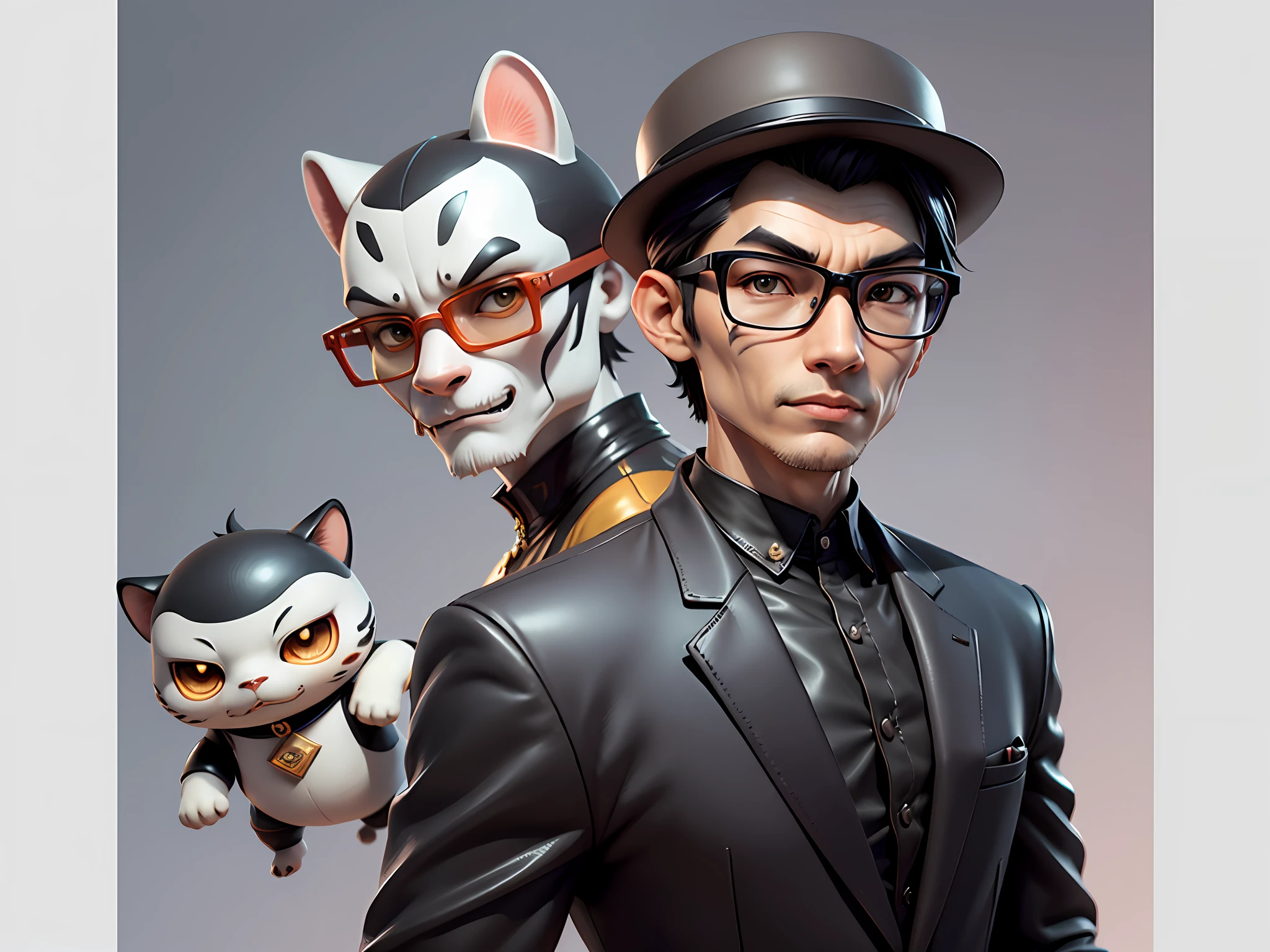 Young man with oriental face in leather hat, tiger, oriental face in formal suit, short black hair, silver glasses, digital painting, 3D character design by Mark Clairedon and Pixar and Hayao Miyazaki and Akira Toriyama, the illustration is a high-definition illustration in 4K resolution with very detailed facial features and cartoon-style visuals.