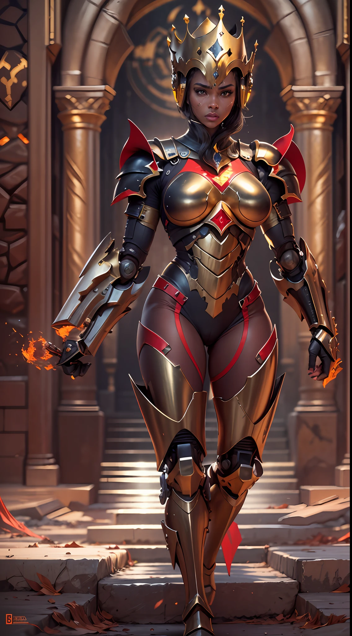 Ultra realistic , high resolution , ultra 8K , black woman , 30 years old , sweaty skin , athletic body with golden robotic armor and red color , steel King clothes , a cybernetic King knight , Ultra resolution , Desert castle throne , pose of fight , fighting . athletic body