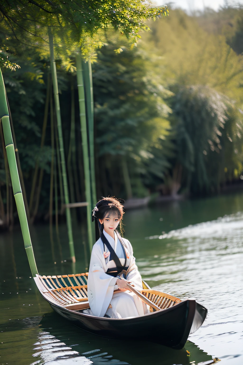 On the river, The bamboo raft wearing Hanfu is a woman rowing