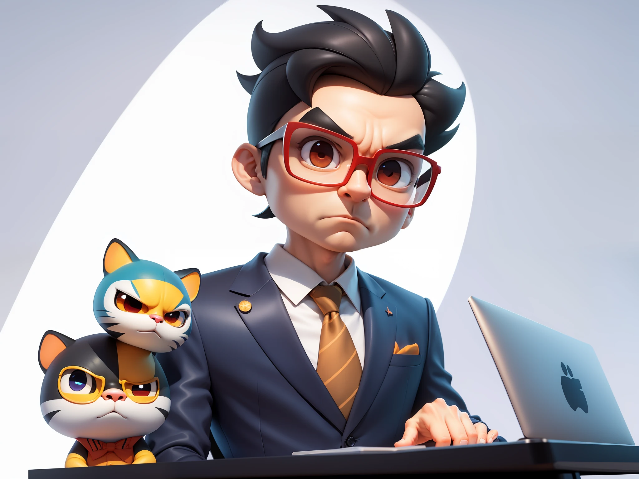 A young man in a suit, Short hair and glasses sat at his desk,holding laptop,digitial painting,tigre,3D character design by Mark Clairen and Pixar and Hayao Miyazaki and Akira Toriyama,4K HD illustration,Very detailed facial features and cartoon-style visuals。