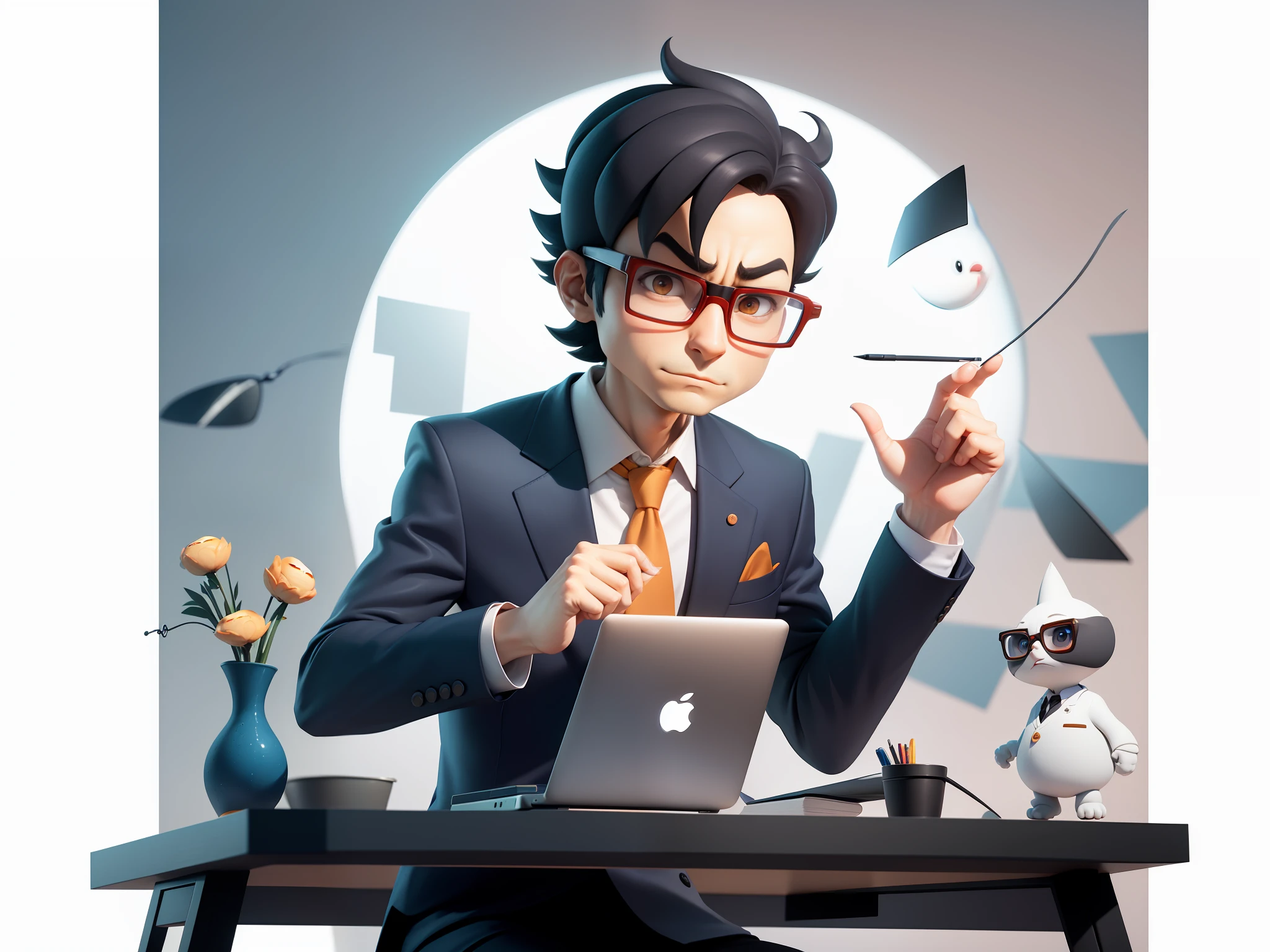 A young man in a suit, Short hair and glasses sat at his desk,holding laptop,digitial painting,tigre,3D character design by Mark Clairen and Pixar and Hayao Miyazaki and Akira Toriyama,4K HD illustration,Very detailed facial features and cartoon-style visuals。