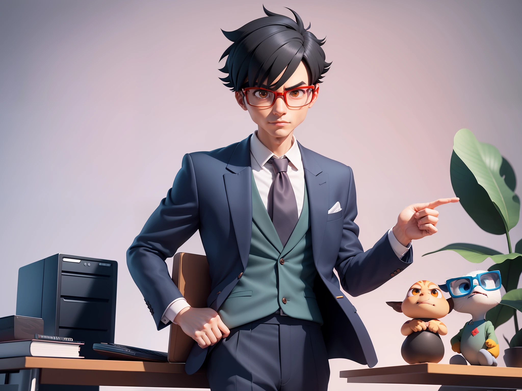 A young man in a suit, Short hair and glasses sat at his desk，holding laptop，digitial painting，tigre，3D character design by Mark Clairen and Pixar and Hayao Miyazaki and Akira Toriyama，4K HD illustration，Very detailed facial features and cartoon-style visuals。
