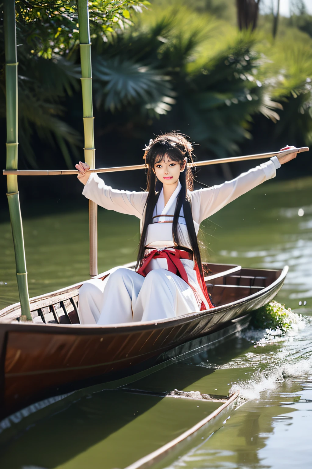 On the river, The bamboo raft wearing Hanfu is a woman rowing
