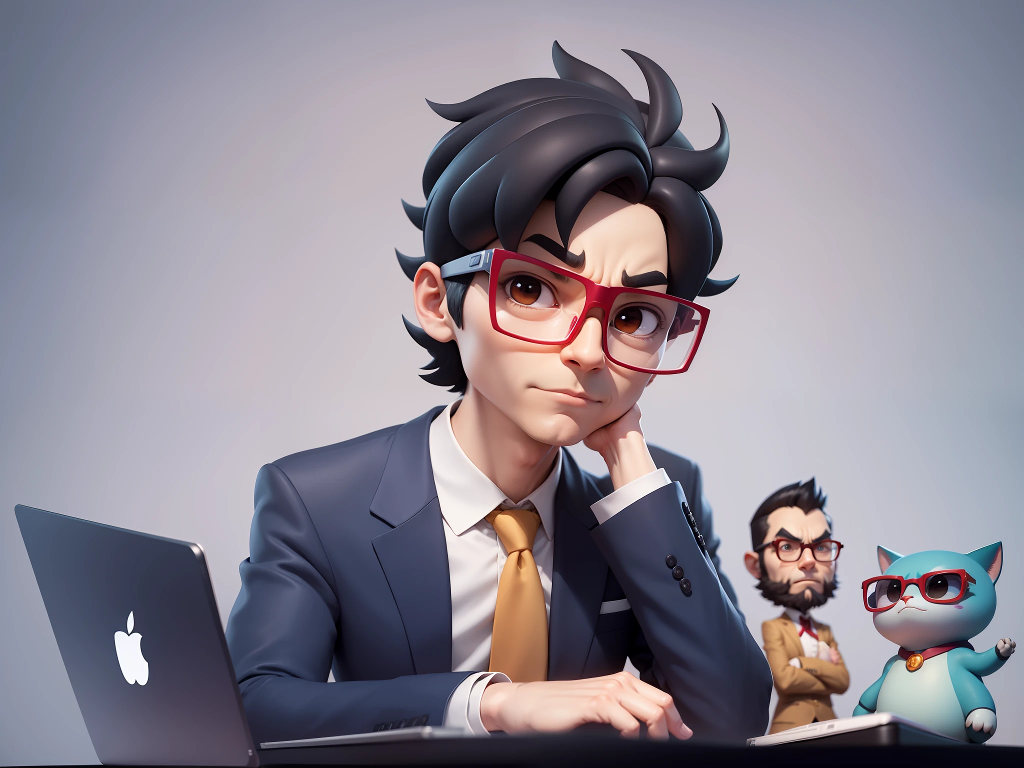 A young man in a suit, Short hair and glasses sat at his desk,holding laptop,digitial painting,tigre,3D character design by Mark Clairen and Pixar and Hayao Miyazaki and Akira Toriyama,4K HD illustration,Very detailed facial features and cartoon-style visuals。