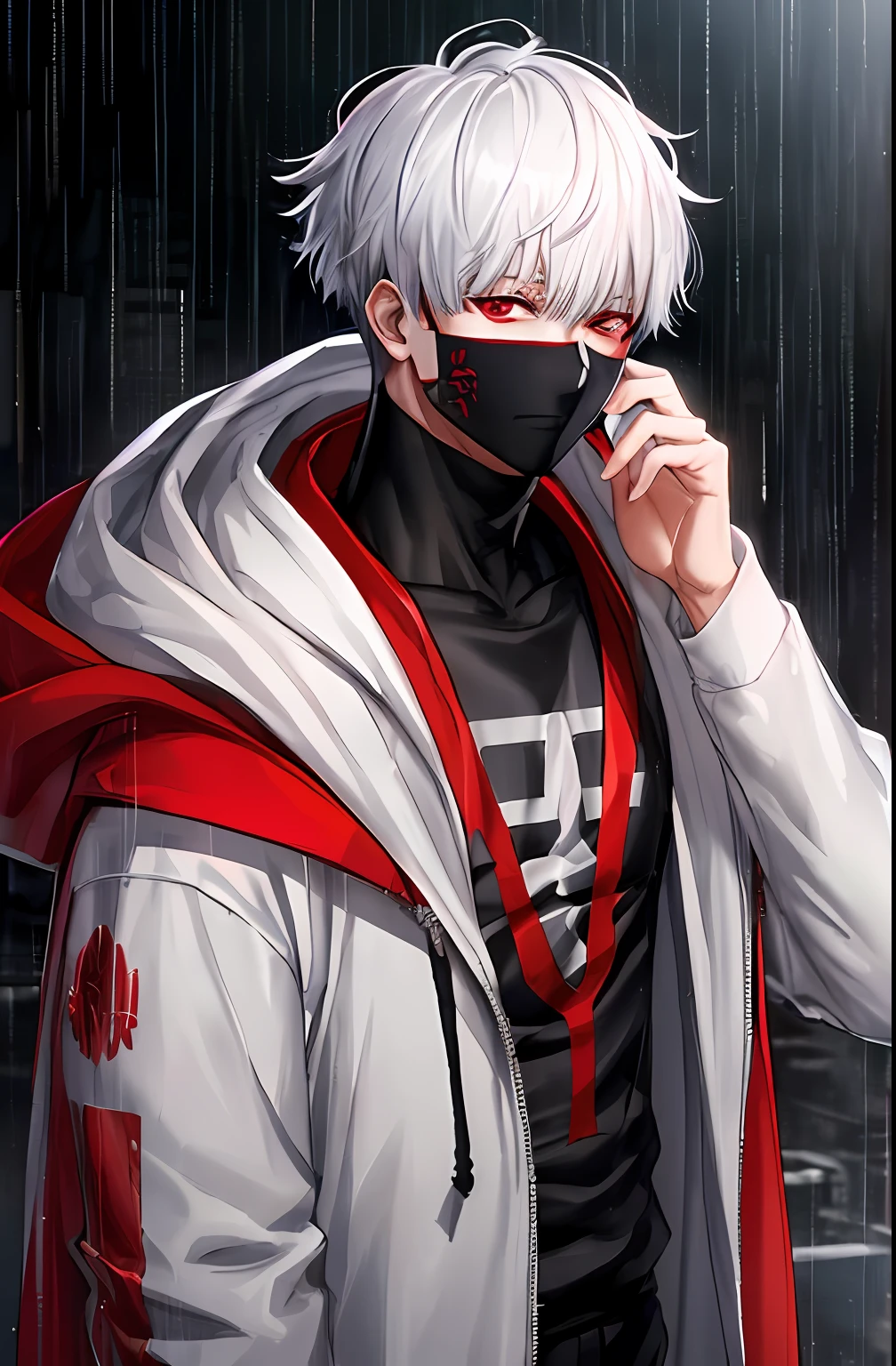 kk, best quality, more details, masterpiece, 1boy, kaneki ken, portrait, male focus, red eyes, solo, bangs, looking at viewer, hood, short hair, rain, tokyo tokyo \(city\), hood up, nail polish, white hair, luxurious, 8k, detailed, ray tracing, depth of field, cinematic lighting,