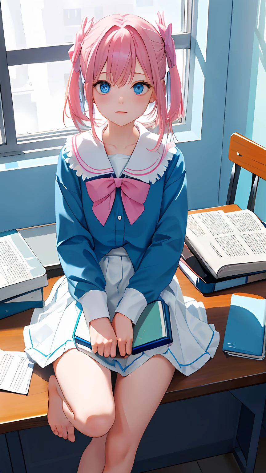 one-girl, Blue gradient clothes, white  skirt, White skin, naked leg, The barefoot, Blue and pink hair, long whitr hair, Bow knot, Big blue eyes, Delicate facial features，Messy room, book, a chair, desks, window, dolls, janelas, Anime style, Chiaroscuro, Cinematic lighting, color difference, hyper HD, ccurate, Super detail, High details, Best quality