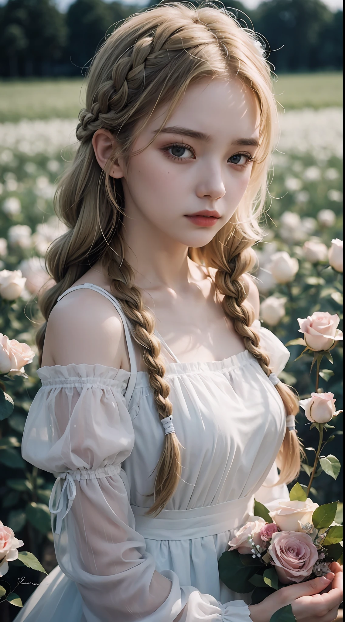 Poetic shots, hazy light and shadow, aestheticism, melancholic film, (cloudy), 1 girl, blonde hair, braids, emotional depth, white dress, flowers, flower fields, roses, bloom,