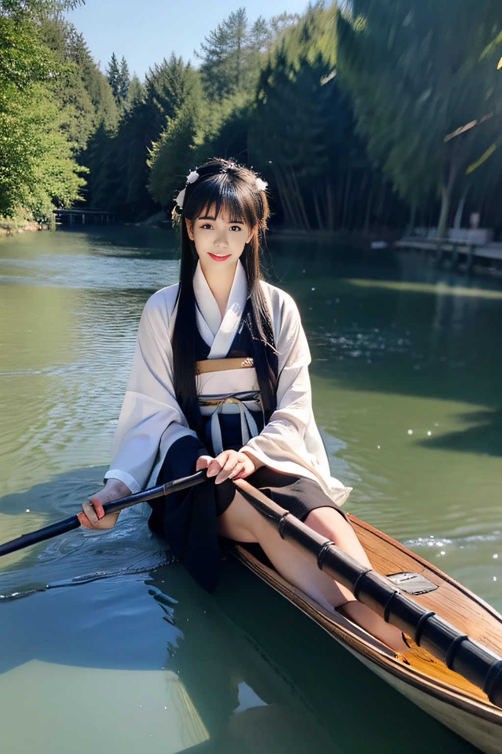 On the river, The bamboo raft wearing Hanfu is a woman rowing