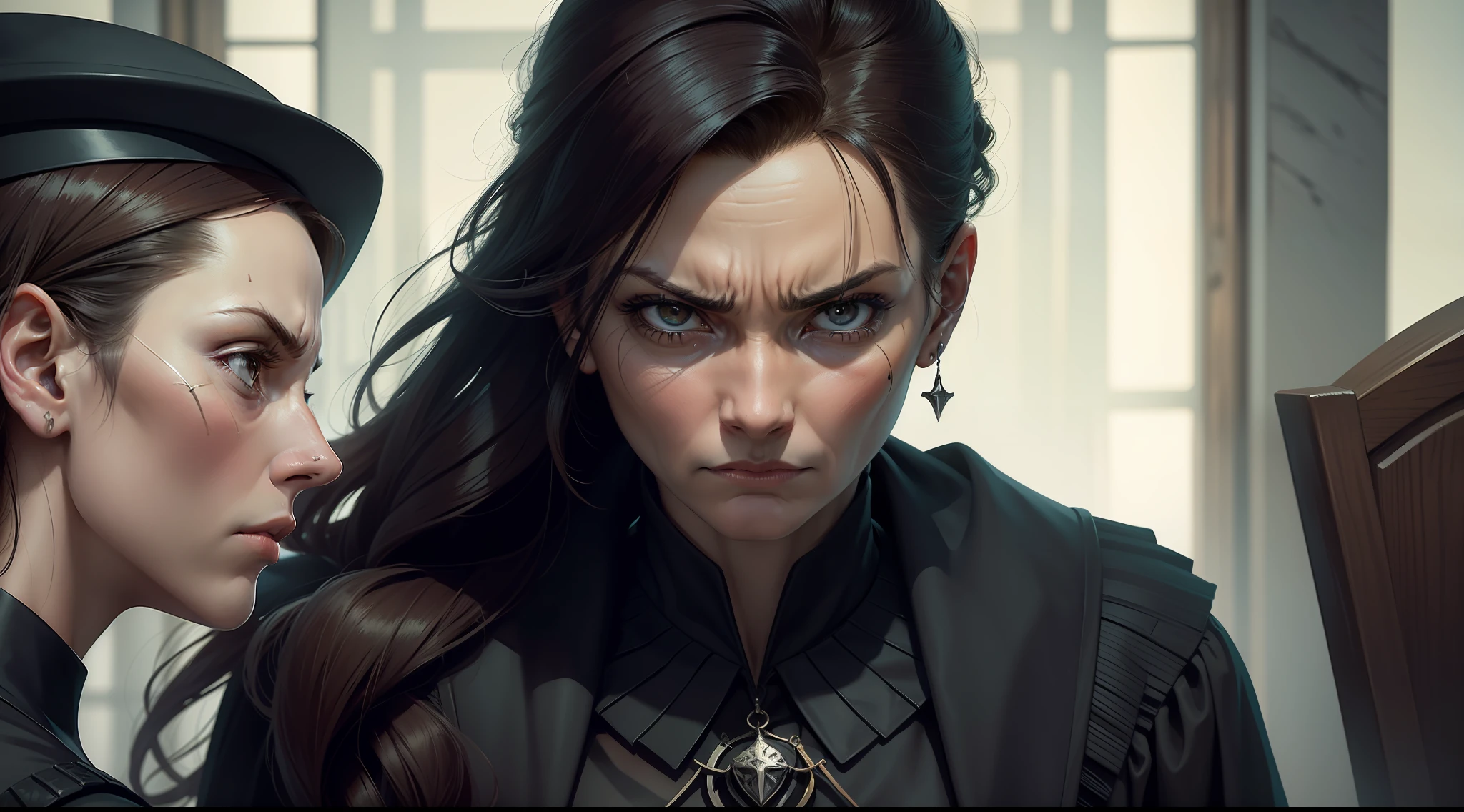 A widow approaching a judge with a determined expression on her face.
