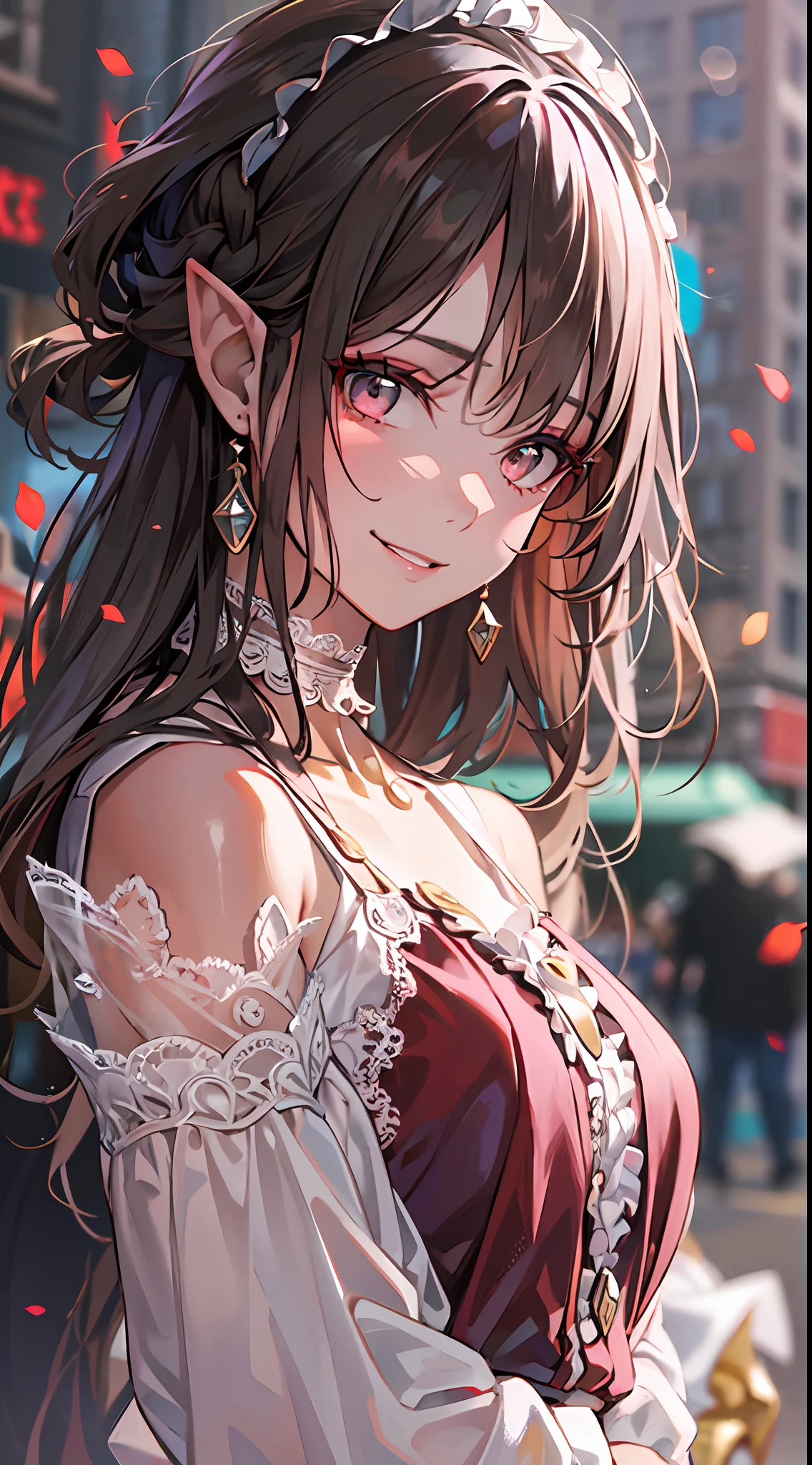 Beautiful Elf Woman、Strong sunshine、No wind、((Ruddy cheeks))、A smile、Lustrous skin、Dynamic poses、Poses faithful to human anatomy、Cinematic lighting、Black straight long hair、brown clean eyes、((Wearing a blouse with a lot of white ruffles))、Lace choker、Pink makeup around the eyes、Wear wine red pin heels、Long skirt、Rotate with open arms、(In the middle of the boulevard)、Realistic office district、Eyes staring at the camera