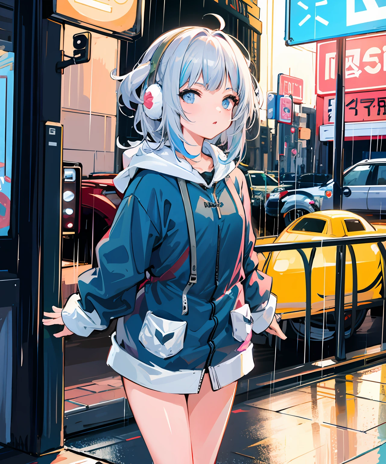 masterpiece,1girl,solo,incredibly absurdres,hoodie,headphones, street,outdoors,rain,neon lights,