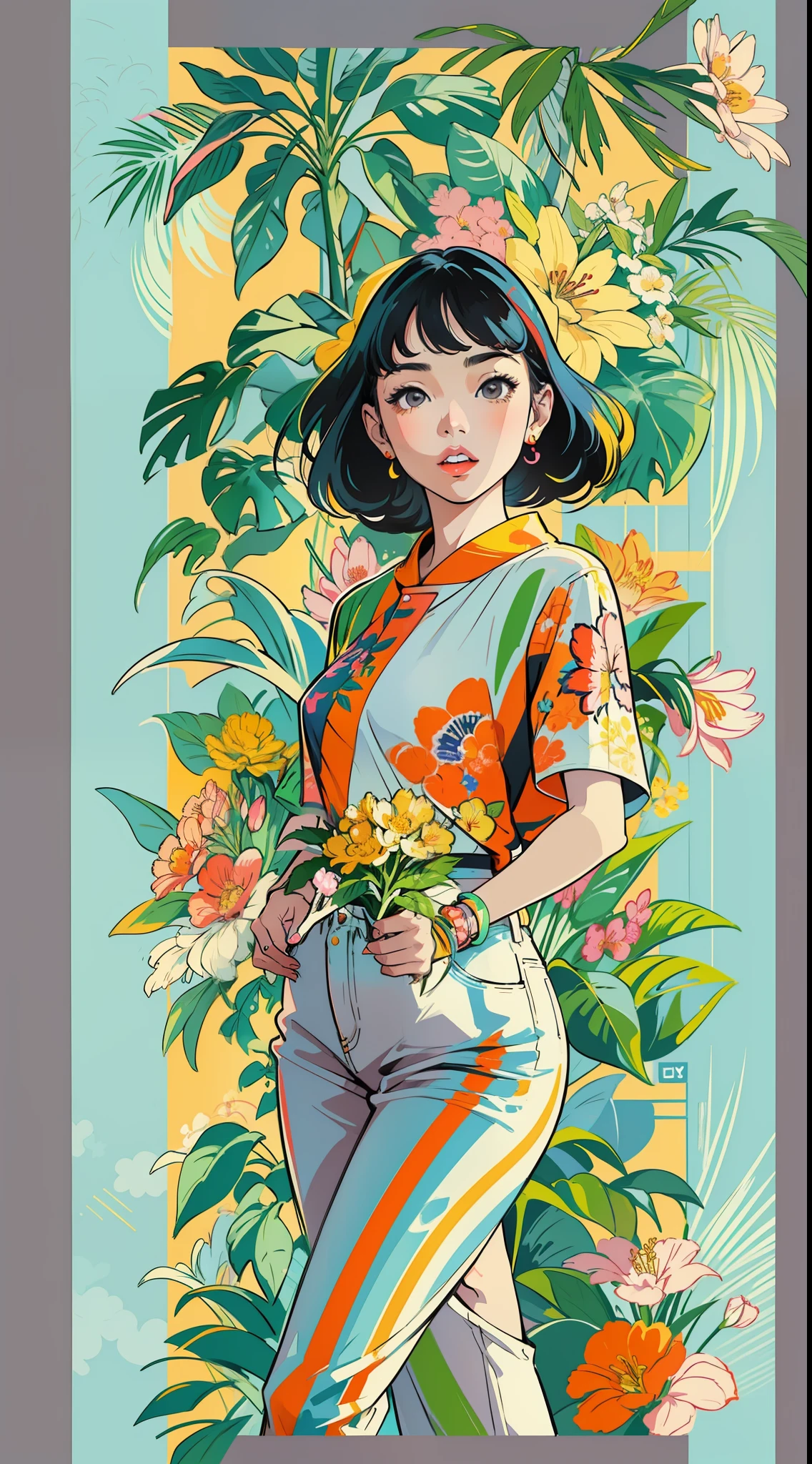 Create a digital art work in pop art style, featureing a vibrant and confident asian young girl with street fashion, cinematic color scheme, surrounded by vintage flowers patterns, energtic brushstrokes,the mood should be dynamic, upper body, drawing, illustration, grayscale, tropical, vintage fruits, vintage plants, many flowers, vector