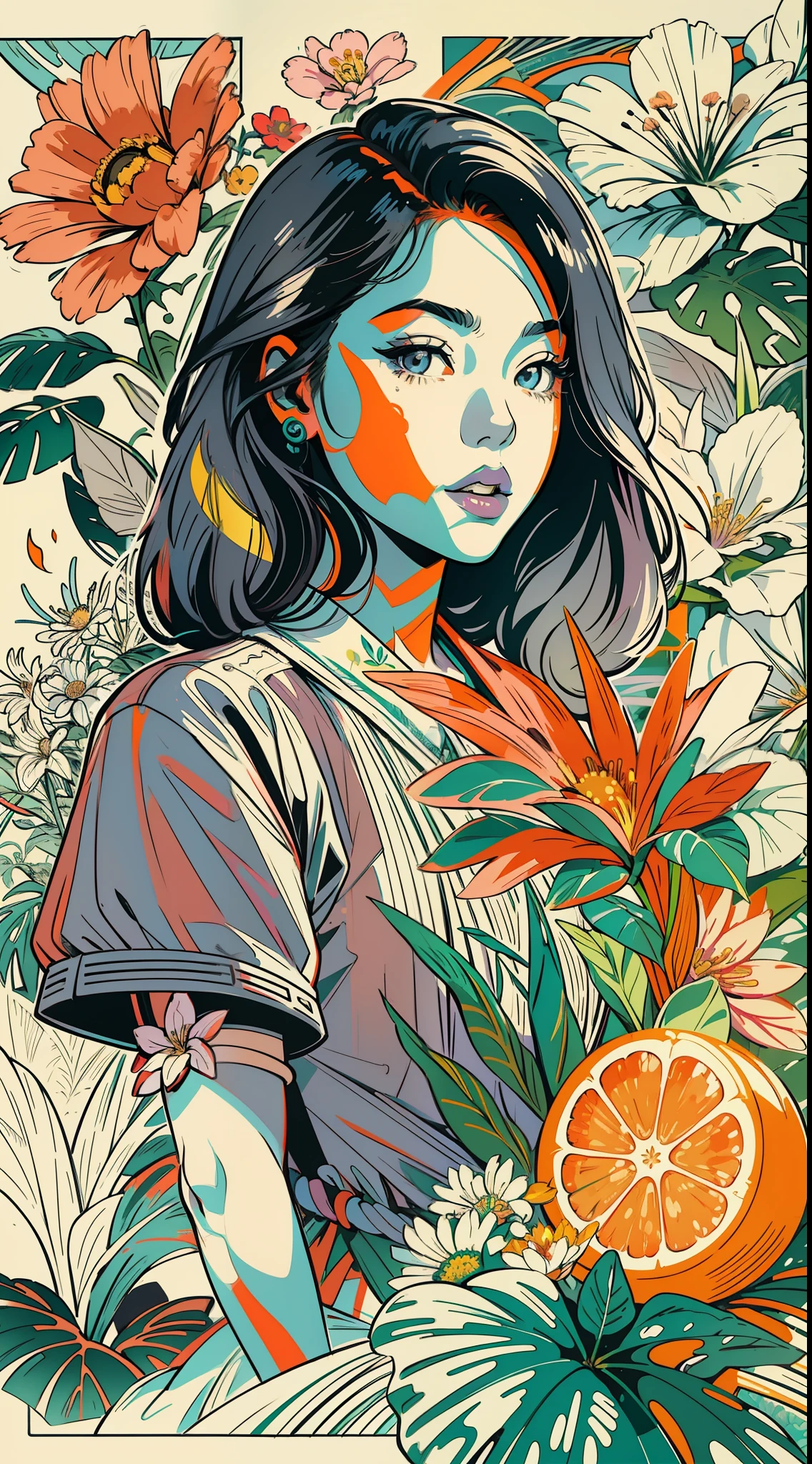 Create a digital art work in pop art style, featureing a vibrant and confident asian young girl with street fashion, cinematic color scheme, surrounded by vintage flowers patterns, energtic brushstrokes,the mood should be dynamic, upper body, drawing, illustration, grayscale, tropical, vintage fruits, vintage plants, many flowers, vector