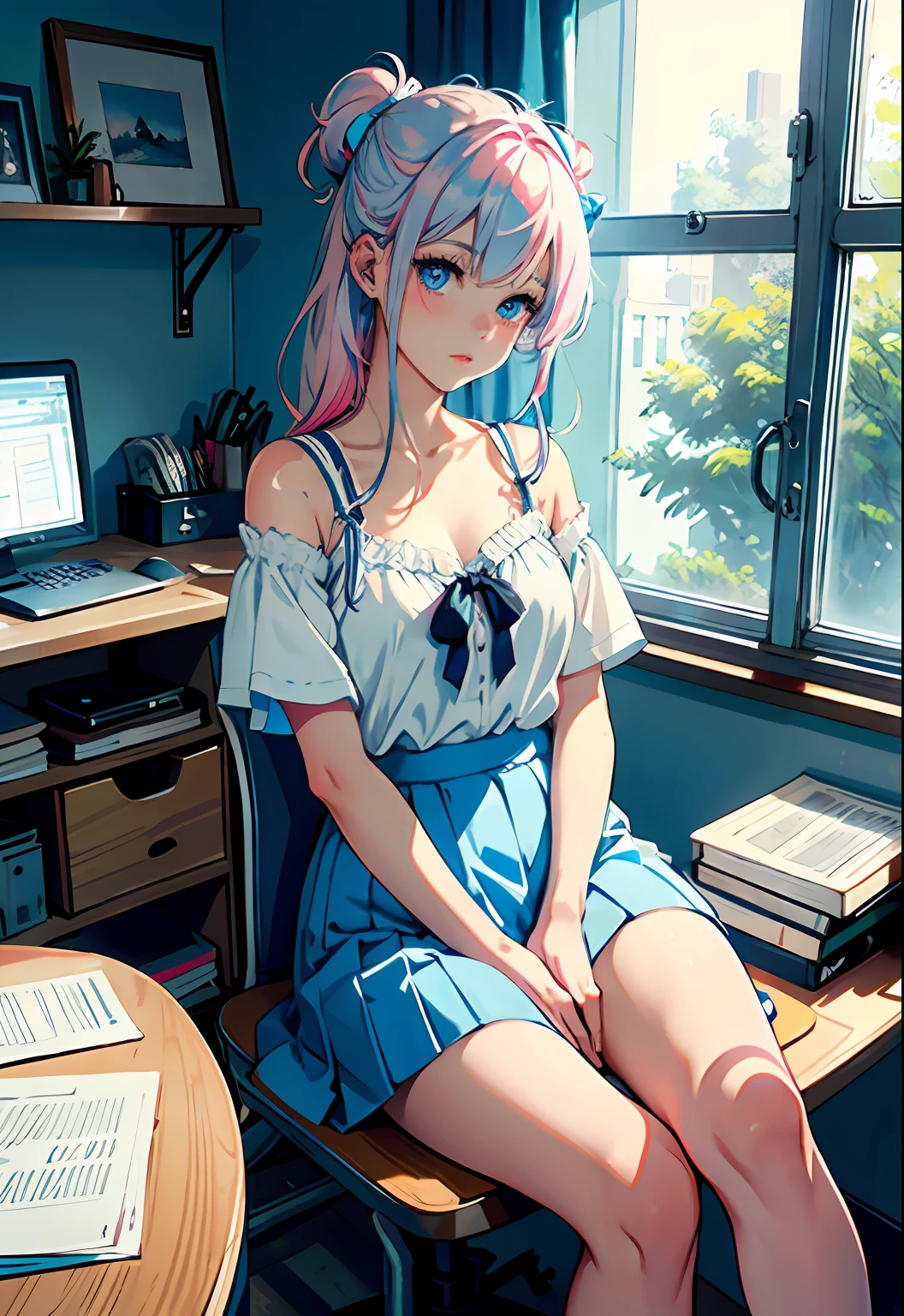 one-girl, Blue gradient clothes, white  skirt, White skin, naked leg, The barefoot, Blue and pink hair, long whitr hair, Bow knot, Big blue eyes, Delicate facial features，Messy room, book, a chair, desks, window, dolls, janelas, Anime style, Chiaroscuro, Cinematic lighting, color difference, hyper HD, ccurate, Super detail, High details, Best quality