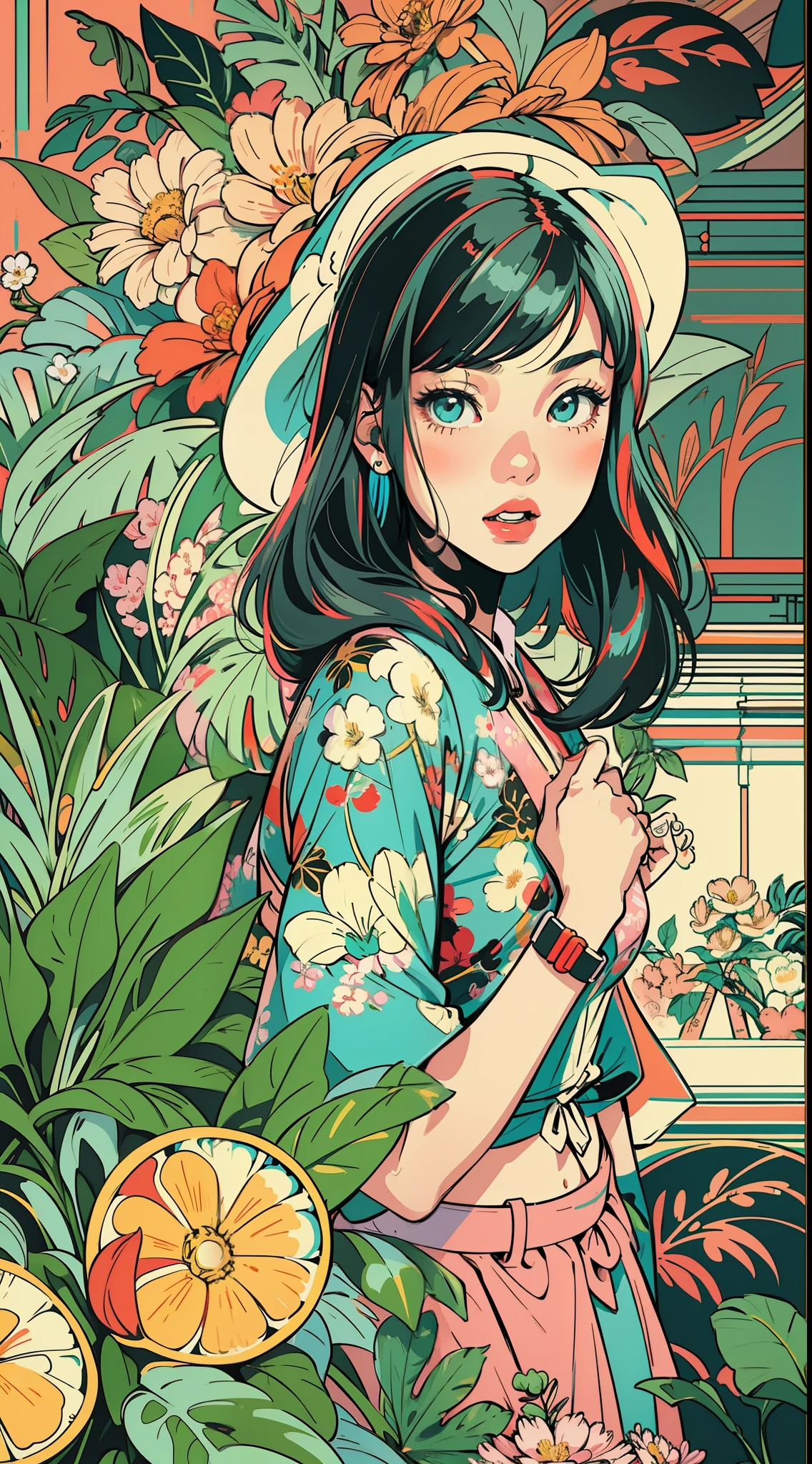 Create a digital art work in pop art style, featureing a vibrant and confident asian young girl with street fashion, cinematic color scheme, surrounded by vintage flowers patterns, energtic brushstrokes,the mood should be dynamic, upper body, drawing, illustration, grayscale, tropical, vintage fruits, vintage plants, many flowers, vector