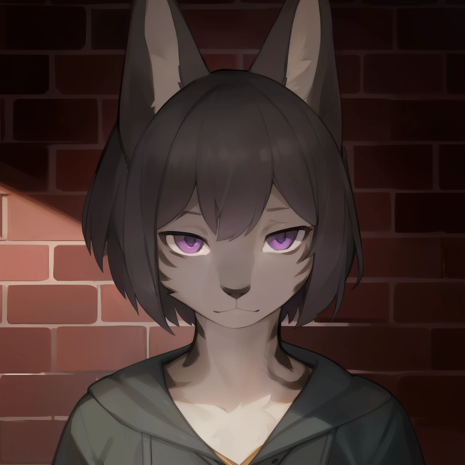 By bebebebebe, solo, standing, female, brick wall, facing viewer, feline, grey serval, ((hair, snout)), short hair, ebony hair, purple eyes, detailed eyes,