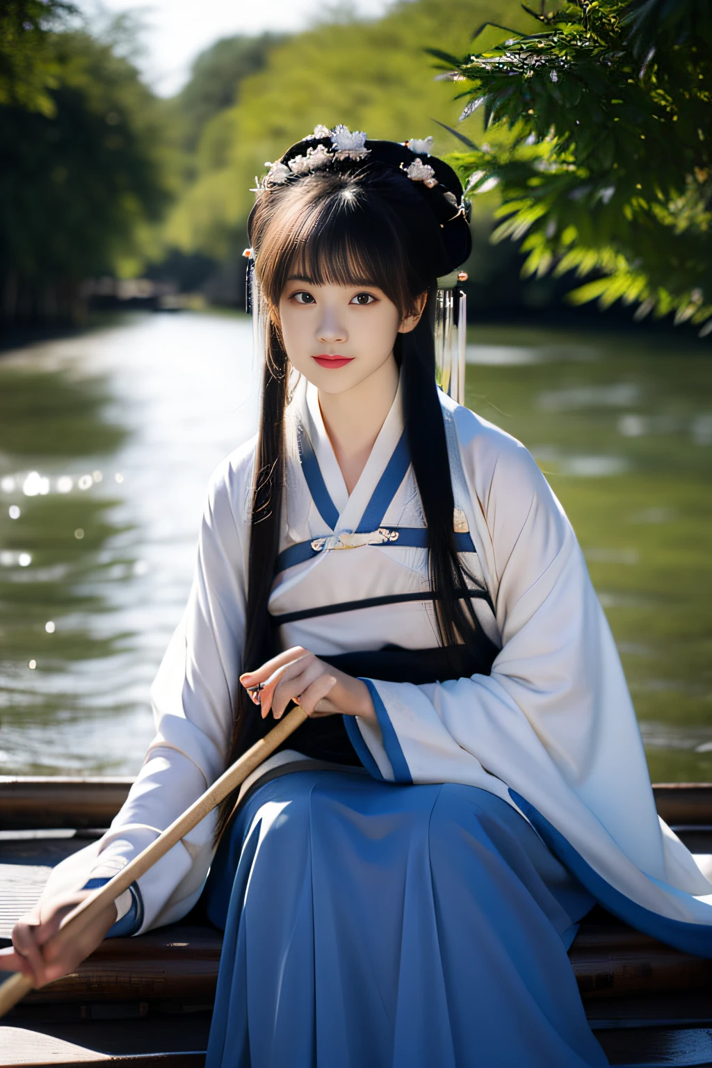 On the river, The bamboo raft wearing Hanfu is a woman rowing