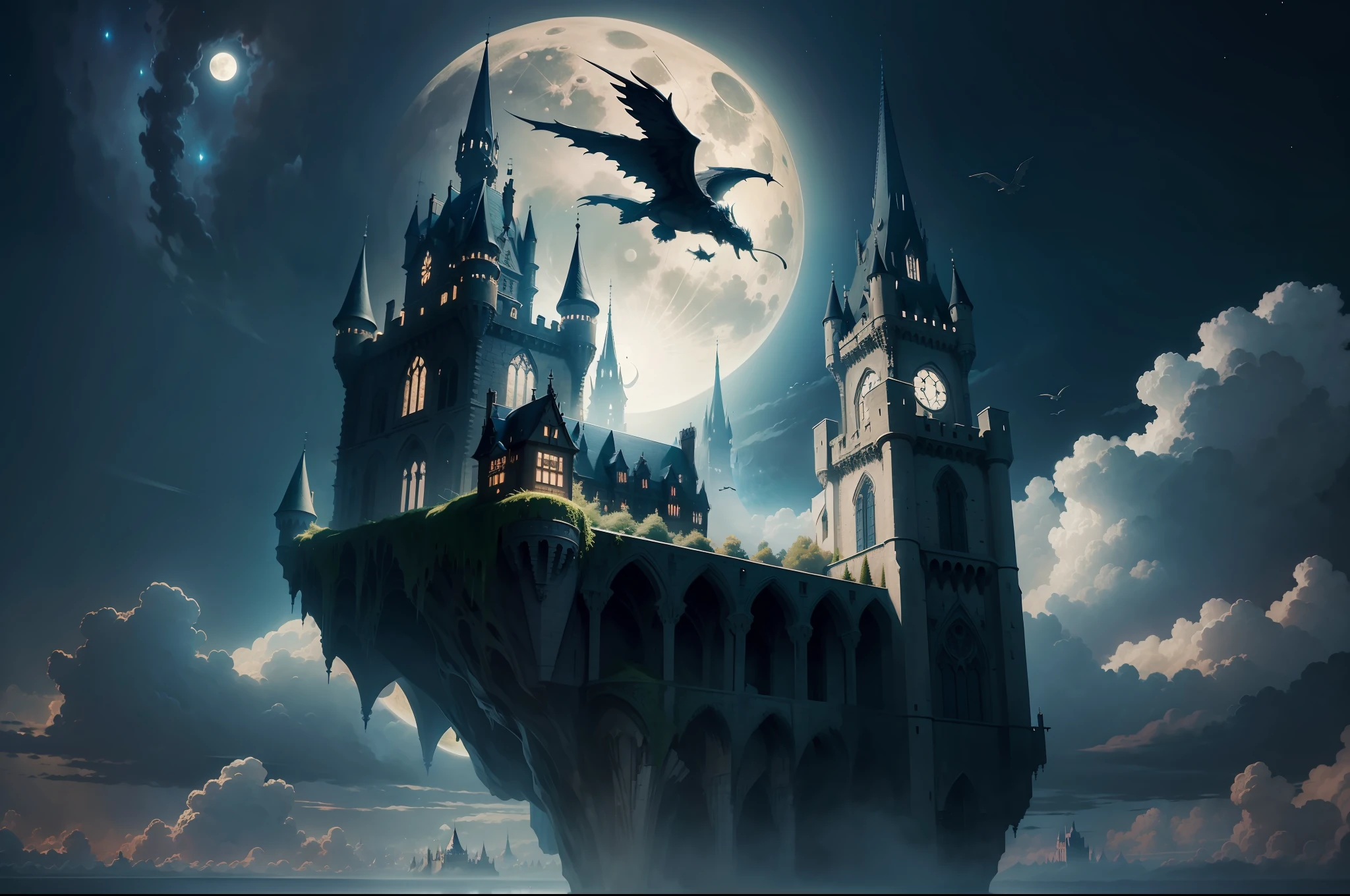 (masterpiece, best quality), best resolution, gothic castle in the sky, airborne castle, floating in the sky, dark, night, clear sky, full moon