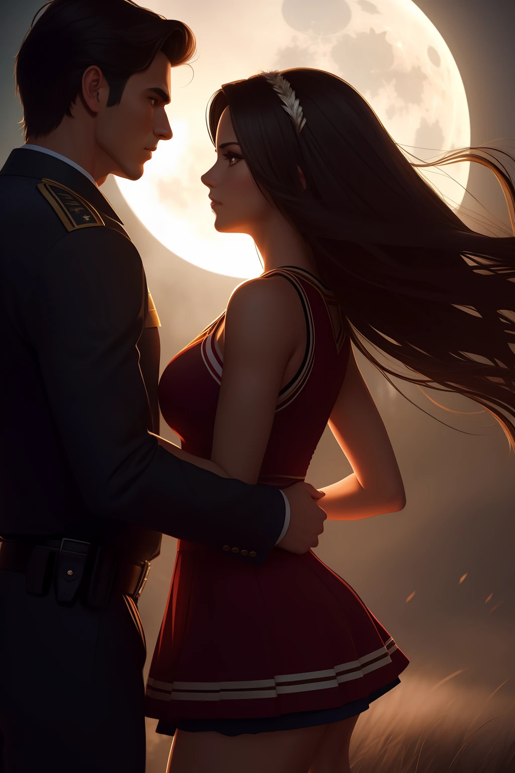 book cover, a beautiful girl, longe dark hair, brown eyes, dressing a cheerleader outfit, huging a attractive man, in sheriff clothes, fog, fullmoon, a shadow of a wolf in the back, photorealistc, cinematic, ultra detailed, dramatic lighting.