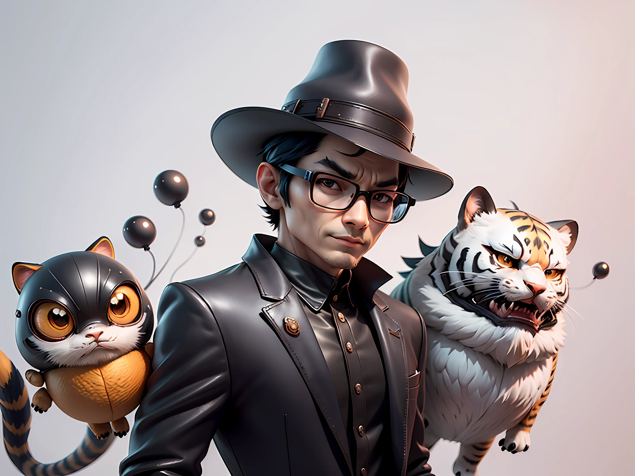 Young man with oriental face in leather hat, tiger, oriental face in formal suit, short black hair, silver glasses, digital painting, 3D character design by Mark Clairedon and Pixar and Hayao Miyazaki and Akira Toriyama, the illustration is a high-definition illustration in 4K resolution with very detailed facial features and cartoon-style visuals.