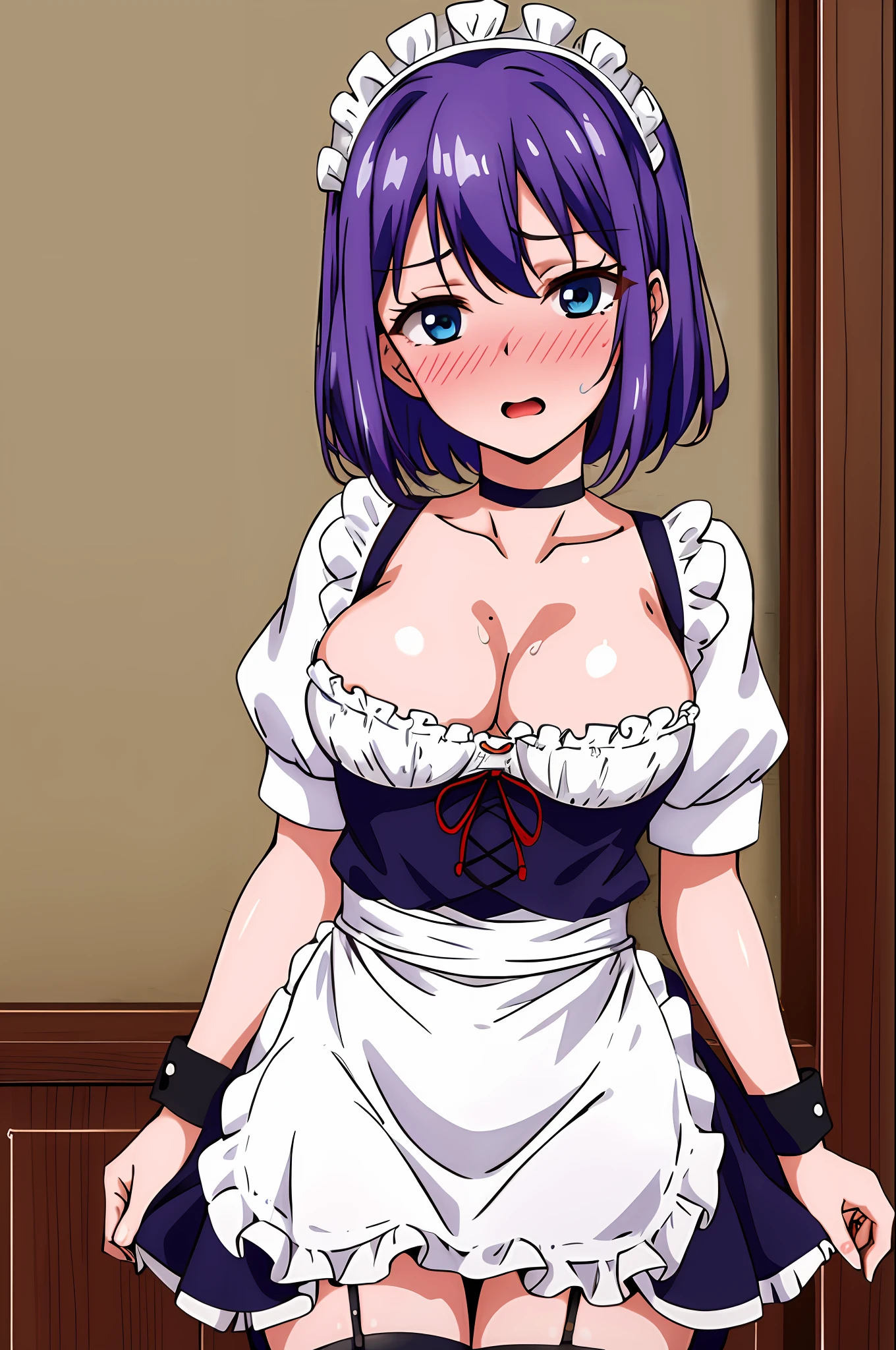 masterpiece, best quality, high resolution, extremely detailed, detailed background, cinematic lighting, dynamic angle, hoshizuki kaede, 1girl, purple hair, solo, breasts, looking at viewer, short hair, open mouth, blue eyes, cleavage, medium breasts, short sleeves, frills, choker, puffy sleeves, black thighhighs, puffy short sleeves, zettai ryouiki, wrist cuffs, maid, maid headdress, white apron, maid apron,  sweat, blush, embarrassed , heavy breathing , steaming body, aroused, nsfw