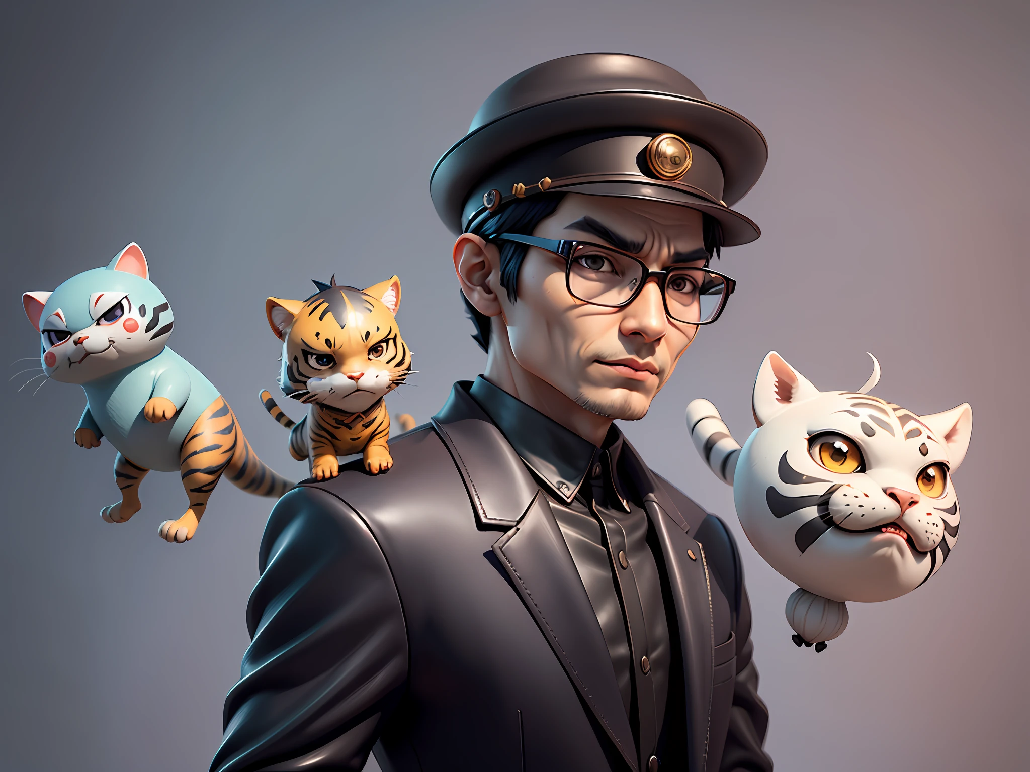 Young man with oriental face in leather hat, tiger, oriental face in formal suit, short black hair, silver glasses, digital painting, 3D character design by Mark Clairedon and Pixar and Hayao Miyazaki and Akira Toriyama, the illustration is a high-definition illustration in 4K resolution with very detailed facial features and cartoon-style visuals.