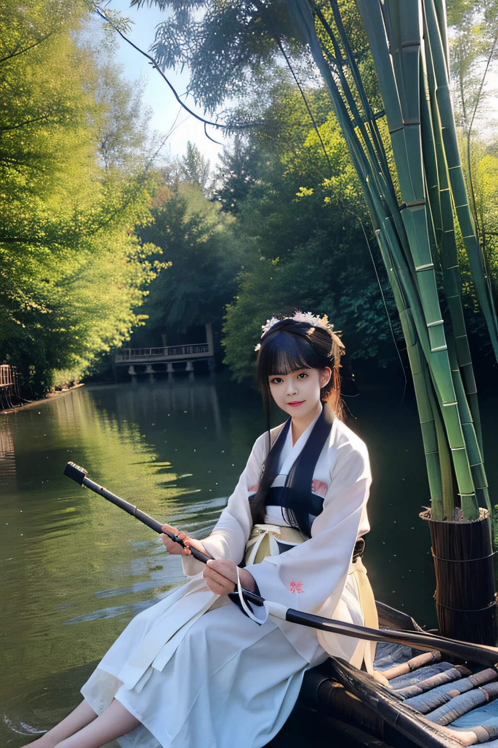 On the river, The bamboo raft wearing Hanfu is a woman rowing