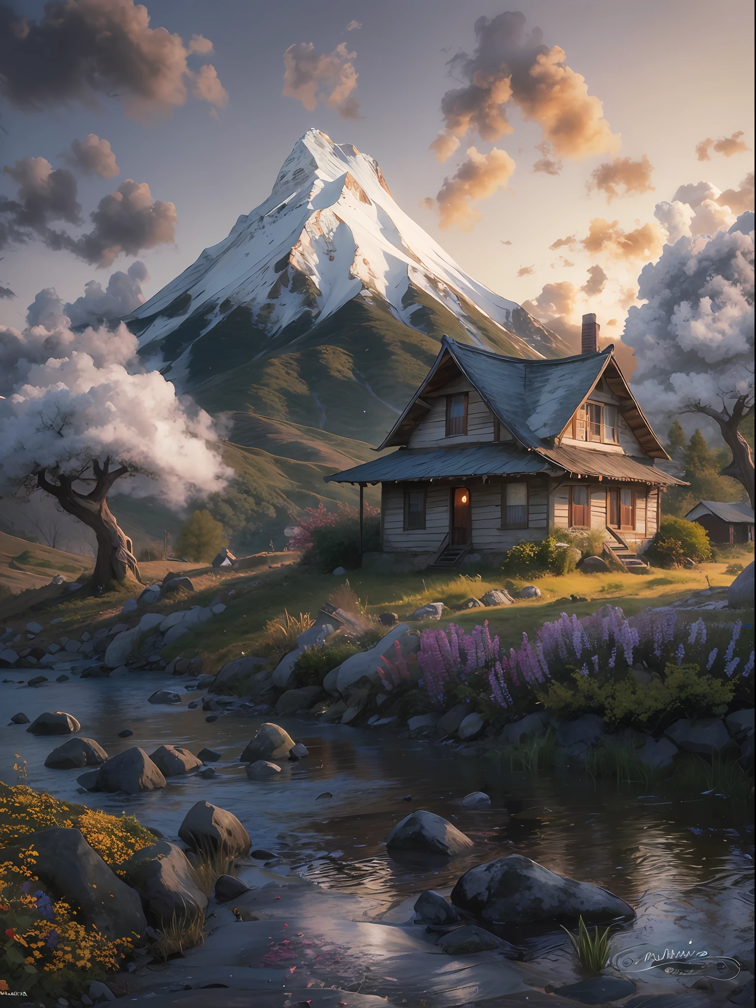 Painting of a house in a field with a mountain in the background, Arte digital 4K altamente detallado, Arte digital detallado 4K, Arte detallado de alta calidad 8K, Obras de arte de paisajes, Pintura digital 4K, Pintura digital 4K, Pintura digital mate 4K HD, Naturaleza del anime, Hermosa escena detallada, Pintura detallada 4 K, Hermosa obra de arte digital, beautiful oil matte painting