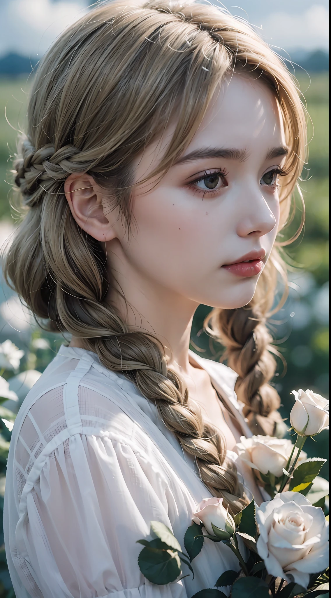 Poetic shots, hazy light and shadow, aestheticism, melancholic film, (cloudy), 1 girl, blonde hair, braids, emotional depth, white dress, flowers, flower fields, roses, bloom,