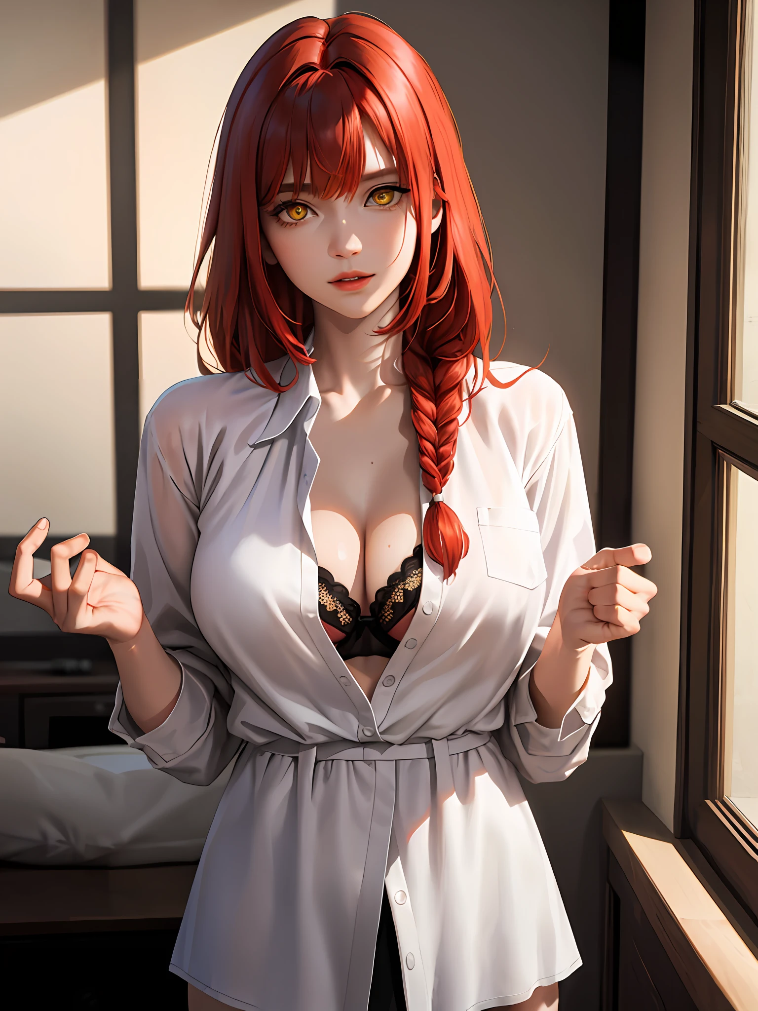 masterpiece, (photorealistic:1.4), best quality, beautiful lighting, makima \(chainsaw man\), (red hair)+(long braided hair)+(bangs), yellow eyes, golden eyes, (ringed eyes), (transparant white shirt), black bra, RAW photo, 8k uhd, film grain, big breast, (ulzzang-6500:0.9:1.0), miniskirt, open button,