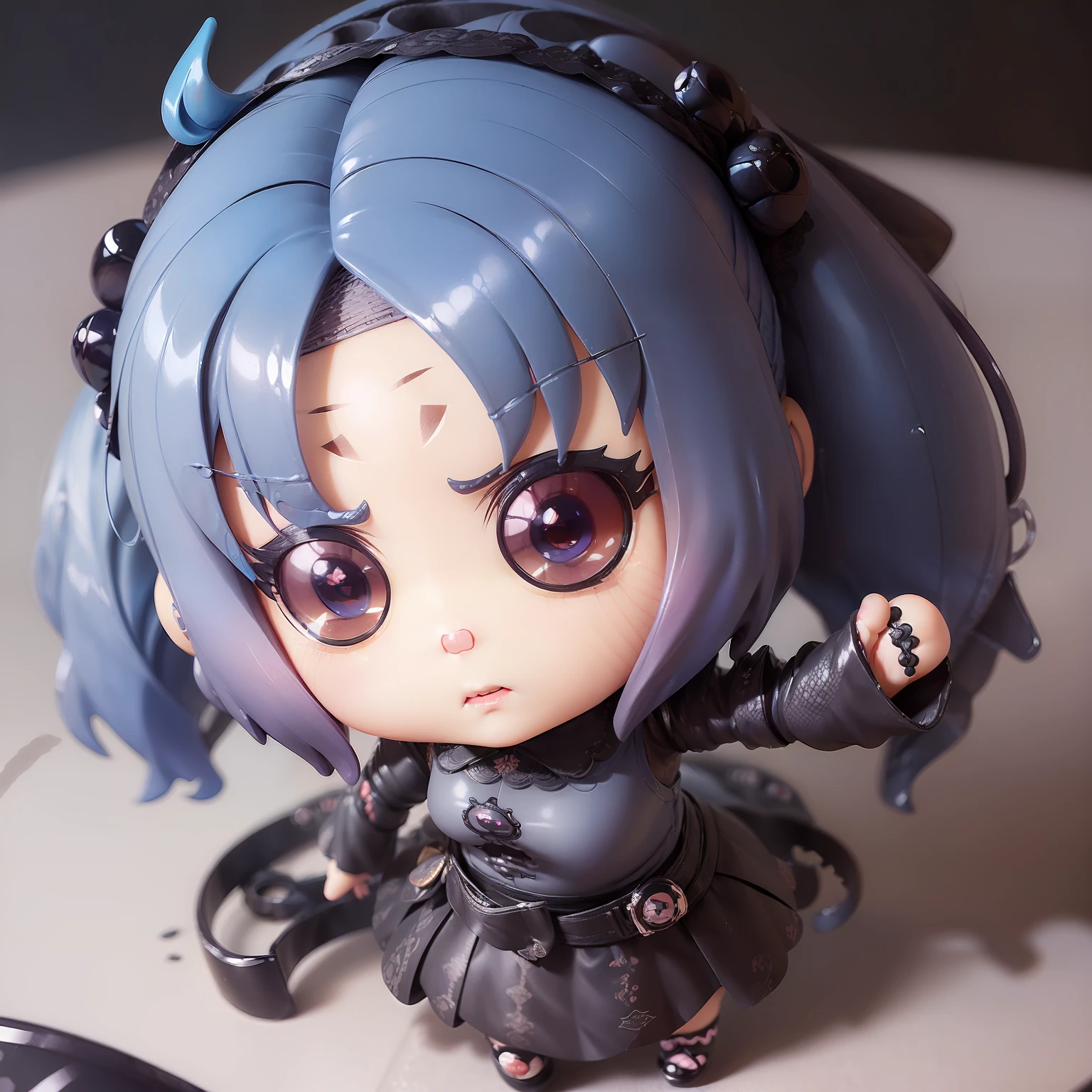 (She became a deformed chibi character figure:1.6), Insanely detailed lace blouse, Maxi skirt,Blue-gray eyes,blue attire
