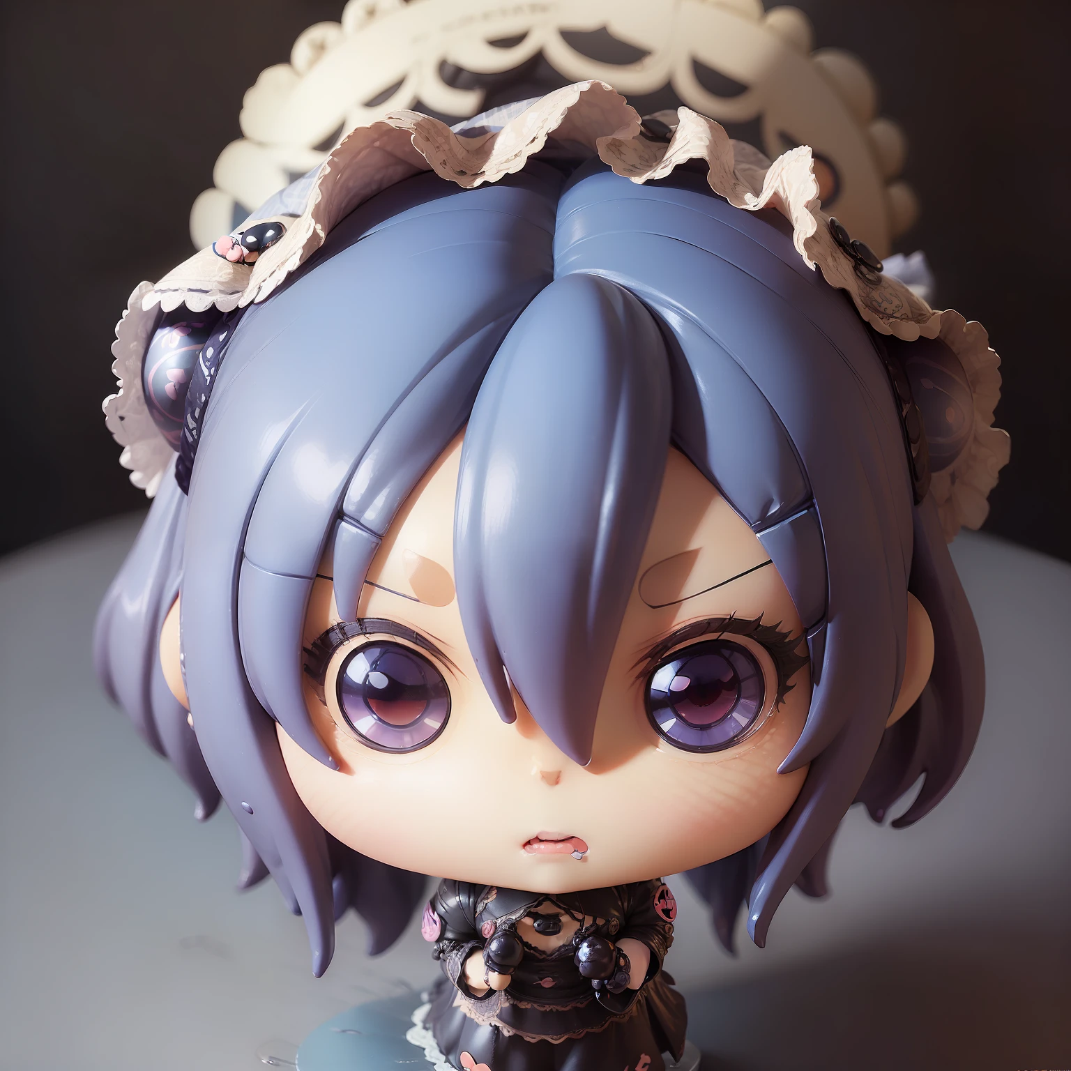 (She became a deformed chibi character figure:1.6), Insanely detailed lace blouse, Maxi skirt,Blue-gray eyes,blue attire