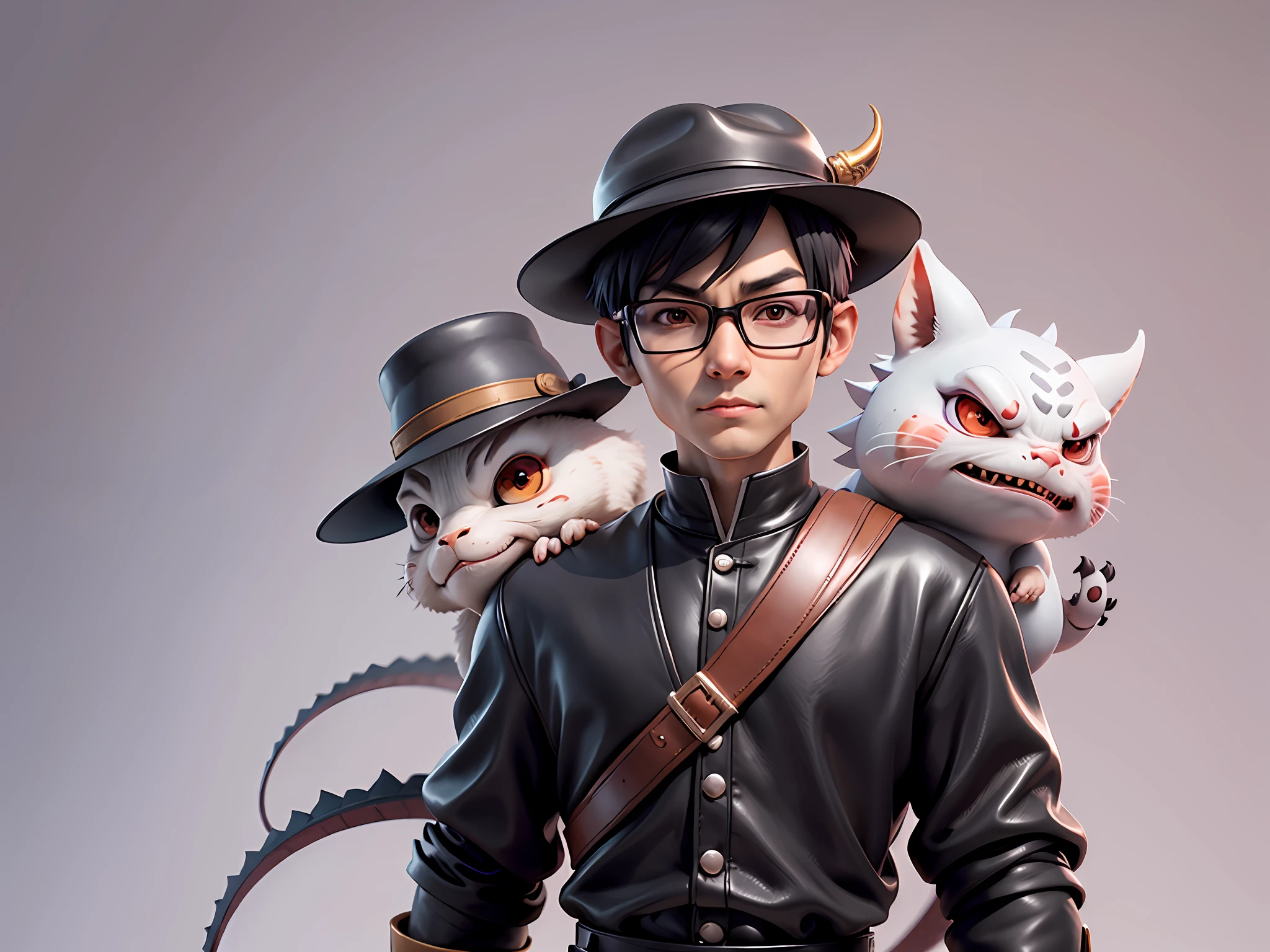 Young man with oriental face in leather hat, dragon, formal suit, short black hair, silver glasses, digital painting, 3D character design by Mark Clairedon and Pixar and Hayao Miyazaki and Akira Toriyama, the illustration is a high-definition illustration in 4K resolution with very detailed facial features and cartoon-style visuals.