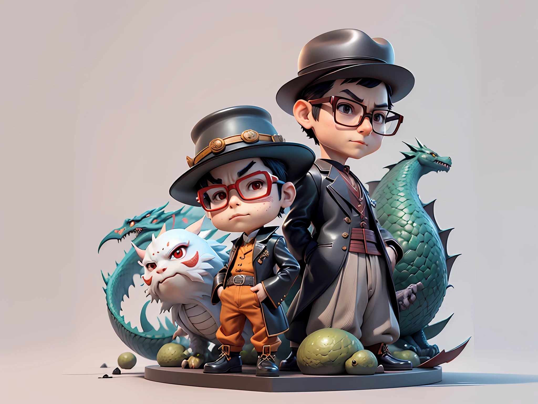 Young man with oriental face in leather hat, dragon, formal suit, short black hair, silver glasses, digital painting, 3D character design by Mark Clairedon and Pixar and Hayao Miyazaki and Akira Toriyama, the illustration is a high-definition illustration in 4K resolution with very detailed facial features and cartoon-style visuals.