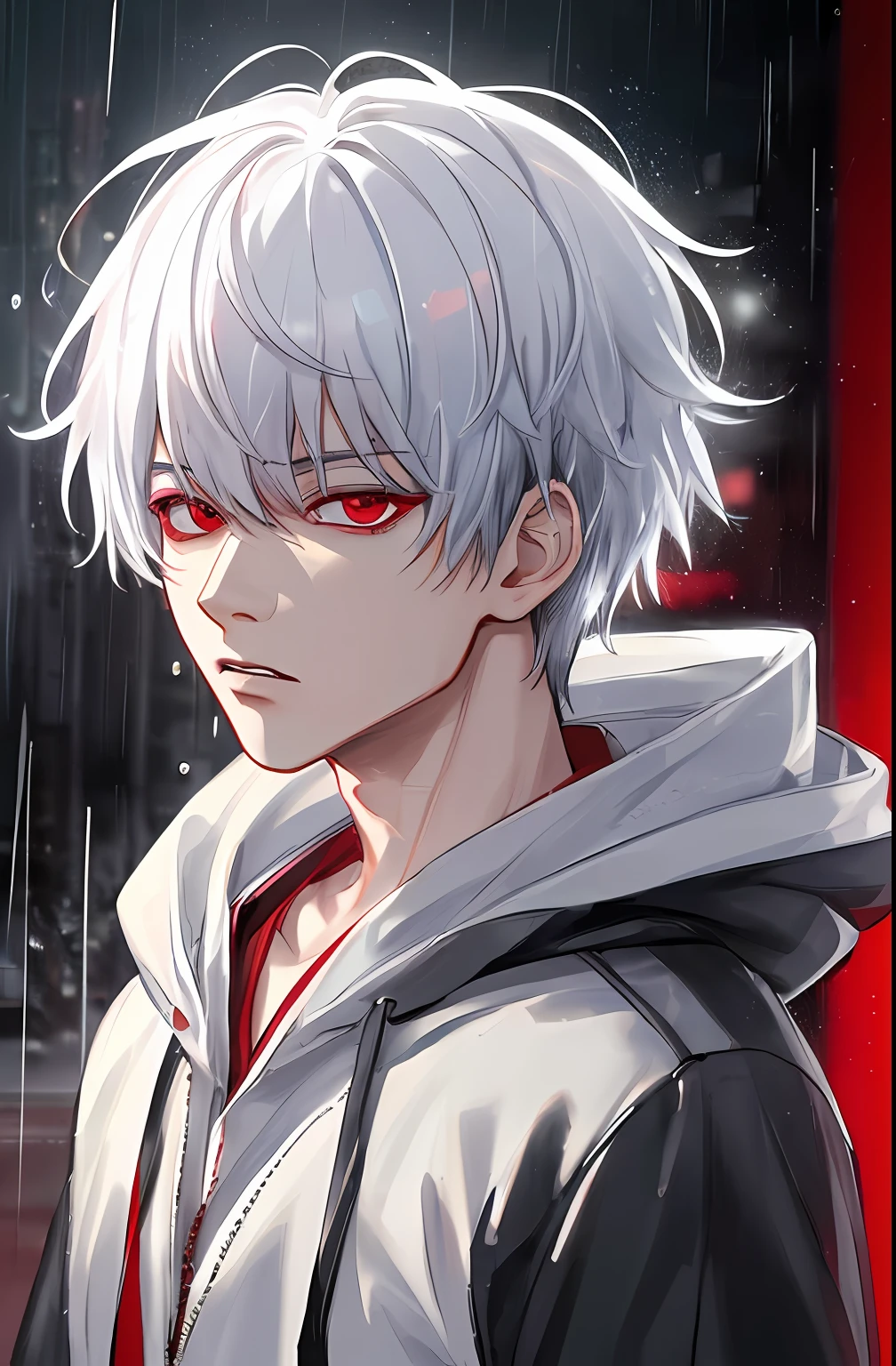 kk, best quality, more details, masterpiece, 1boy, kaneki ken, portrait, male focus, red eyes, solo, bangs, looking at viewer, hood, short hair, rain, tokyo tokyo \(city\), hood up, nail polish, white hair, luxurious, 8k, detailed, ray tracing, depth of field, cinematic lighting,