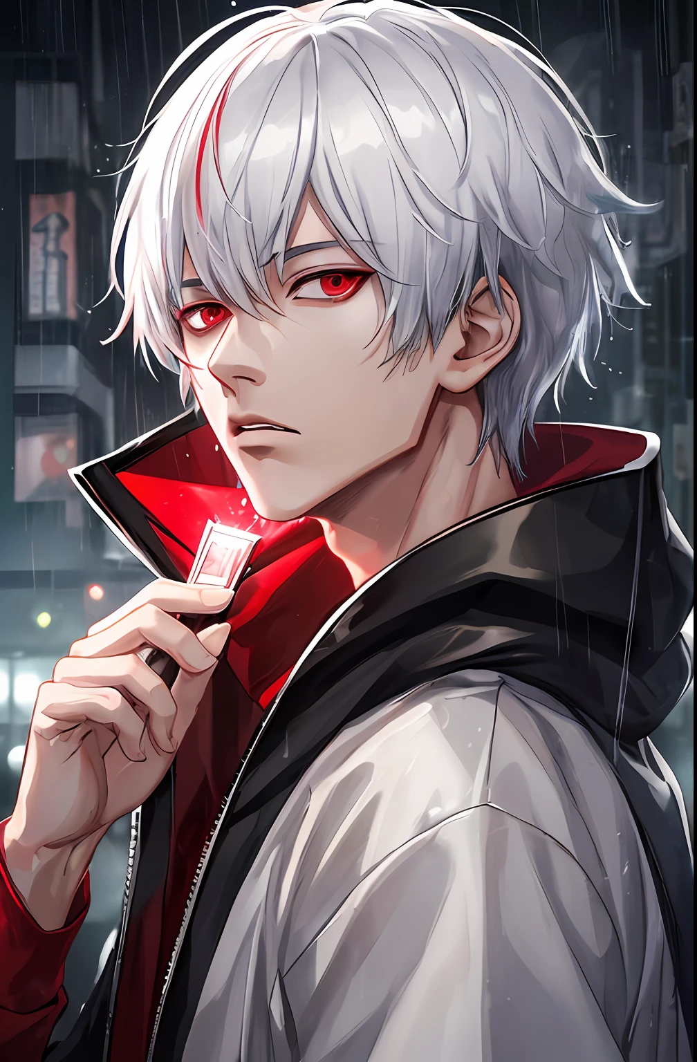 kk, best quality, more details, masterpiece, 1boy, kaneki ken, portrait, male focus, red eyes, solo, bangs, looking at viewer, hood, short hair, rain, tokyo tokyo \(city\), hood up, nail polish, white hair, luxurious, 8k, detailed, ray tracing, depth of field, cinematic lighting,