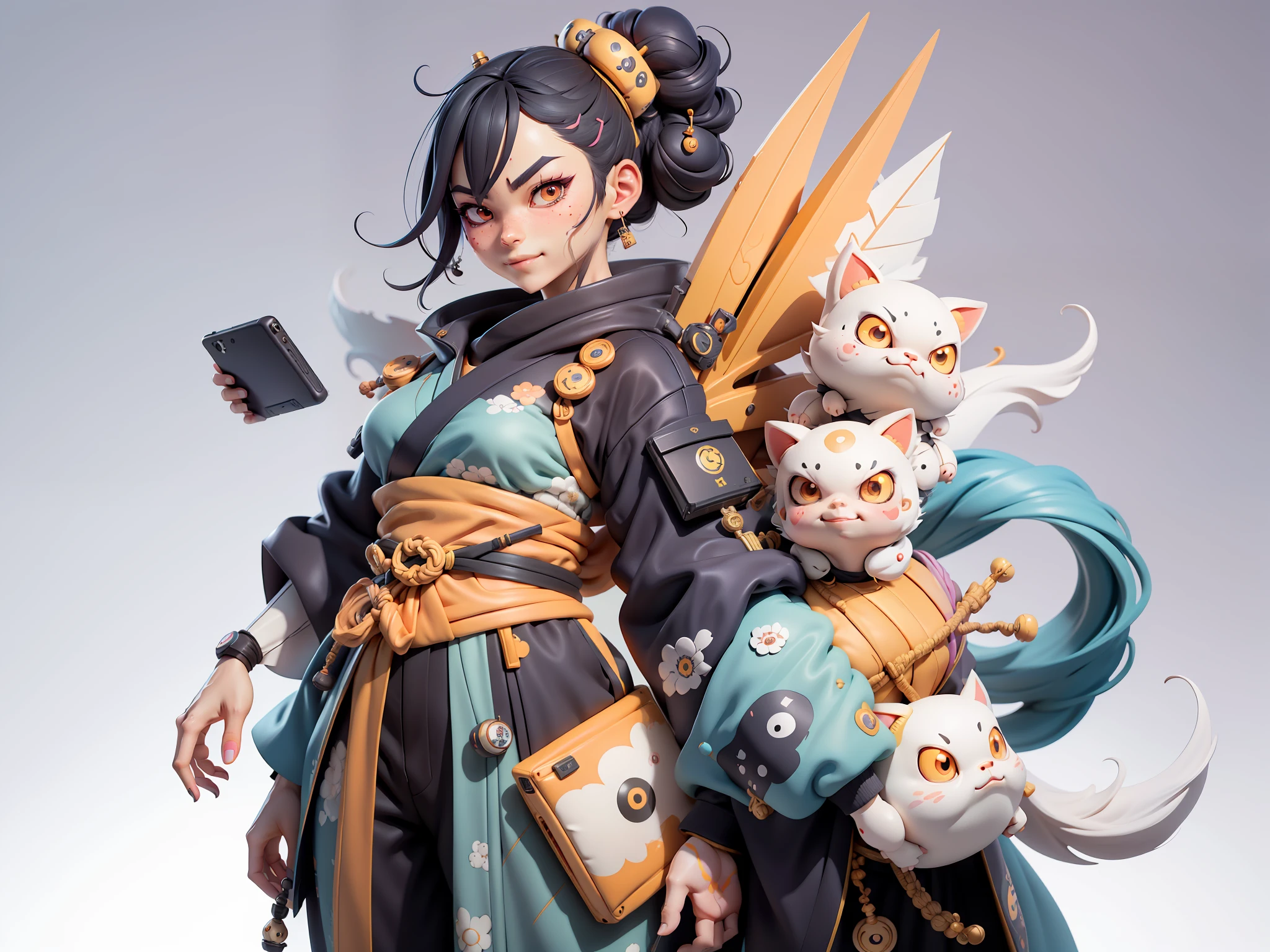(Daisaku),(Need),(Super meticulous),(full bodyesbian:1.2),Japanese ukiyo-e girl,japanese geisha,Beautiful,Oriental dragon,Aeolian Thor,Raised sexy,爆乳,Oriental face,TV Anchor,Bust portrait illustration,Alone,In black suit,a blue tie,The face is slightly chubby,The face was clean,without a beard,Black super short hair,Black eyes,Smile confidently,3C computer sub-products,iPad, iphone,Digital painting,3D character design by Mark Clairen and Pixar and Hayao Miyazaki and Akira Toriyama,The illustration is a high-definition illustration in 4K resolution,With very detailed facial features and cartoon-style visuals。