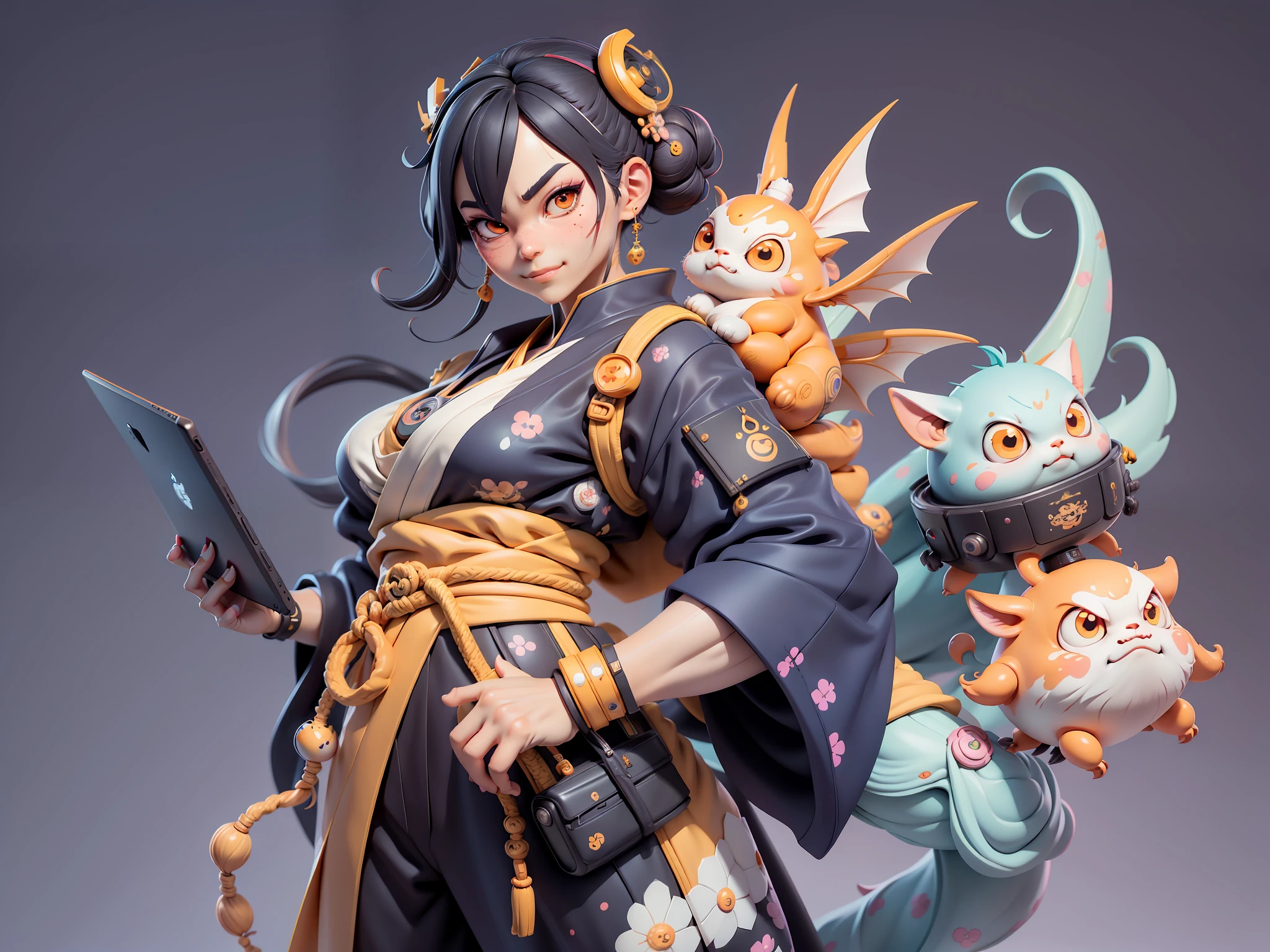 (Daisaku),(Need),(Super meticulous),(full bodyesbian:1.2),Japanese ukiyo-e girl,japanese geisha,Beautiful,Oriental dragon,Aeolian Thor,Raised sexy,爆乳,Oriental face,TV Anchor,Bust portrait illustration,Alone,In black suit,a blue tie,The face is slightly chubby,The face was clean,without a beard,Black super short hair,Black eyes,Smile confidently,3C computer sub-products,iPad, iphone,Digital painting,3D character design by Mark Clairen and Pixar and Hayao Miyazaki and Akira Toriyama,The illustration is a high-definition illustration in 4K resolution,With very detailed facial features and cartoon-style visuals。
