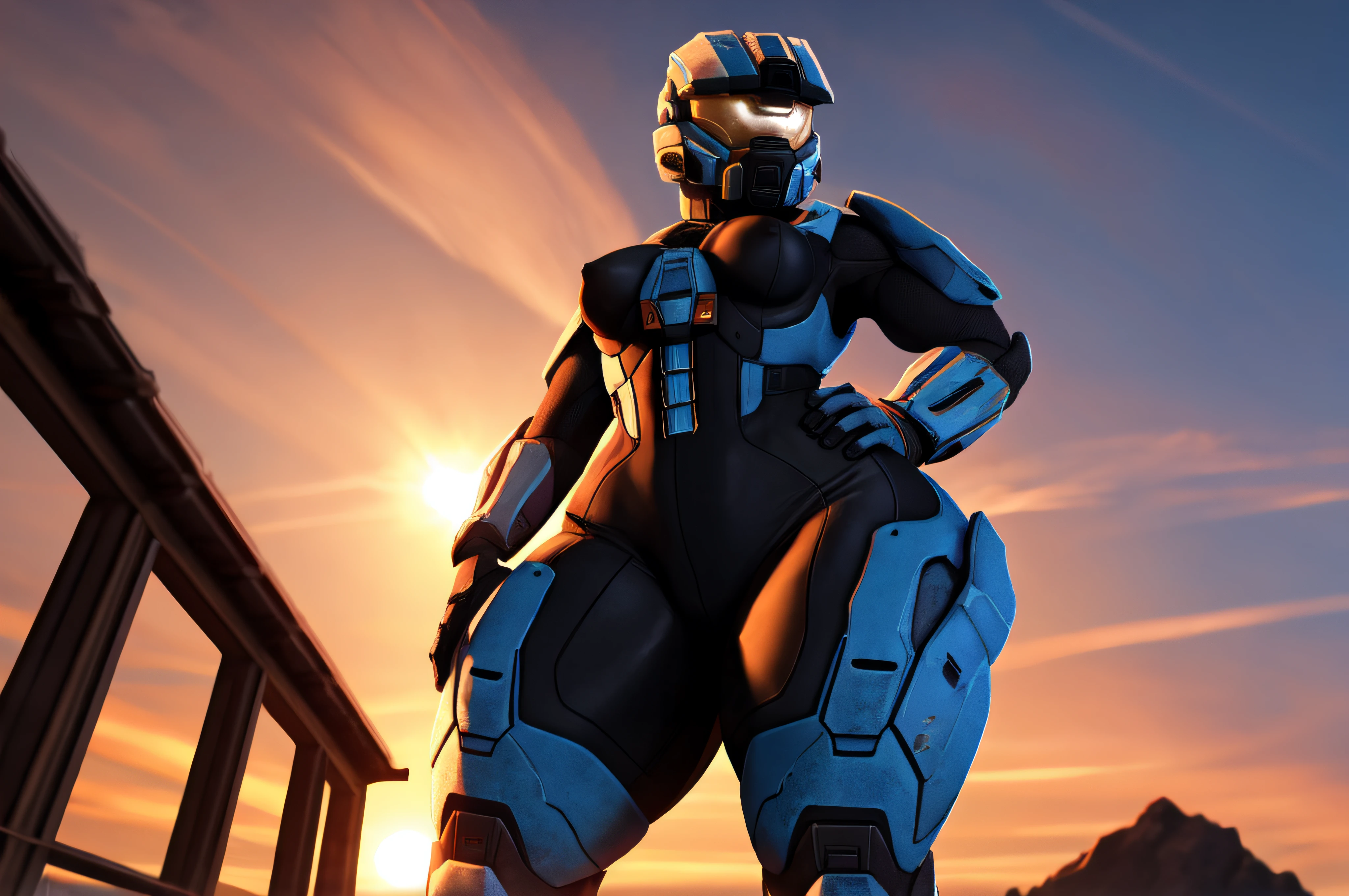 spartan halo, small breasts, thin, wide hips, high res, high resolution, thick thighs, realistic, raw photo, thick thighs, body suit, standing pose, nipple outline, sunset, beautiful lighting, low angle, full body, wallpaper, 4k, 8k, background, (hand on hip)