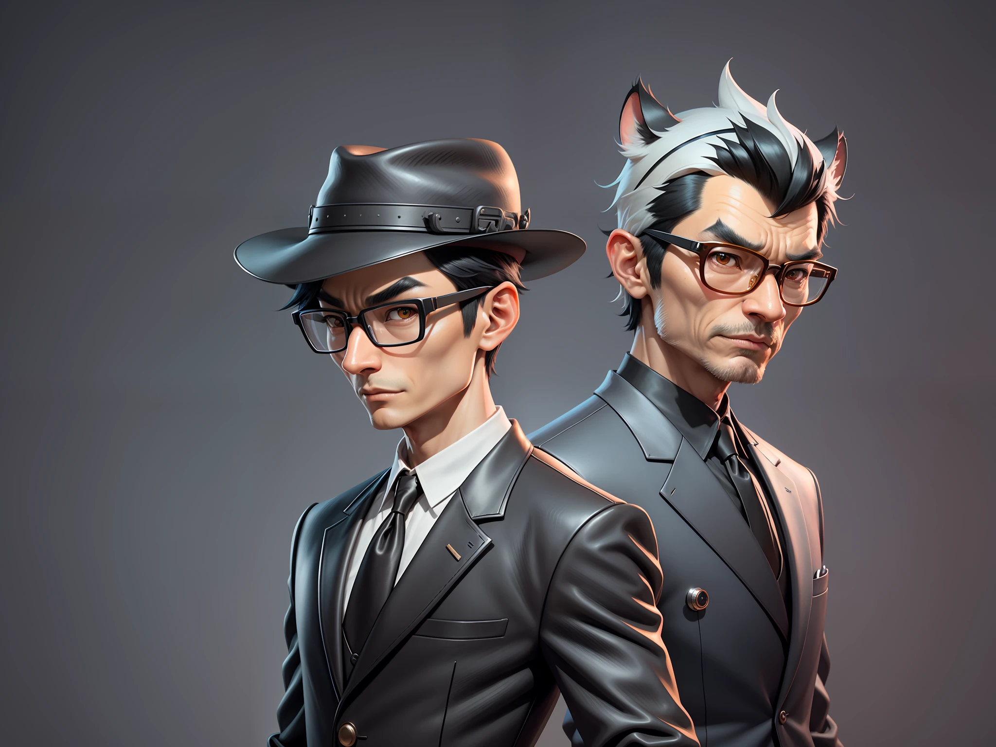 Young man with oriental face in leather hat, tiger, oriental face in formal suit, short black hair, silver glasses, digital painting, 3D character design by Mark Clairedon and Pixar and Hayao Miyazaki and Akira Toriyama, the illustration is a high-definition illustration in 4K resolution with very detailed facial features and cartoon-style visuals.