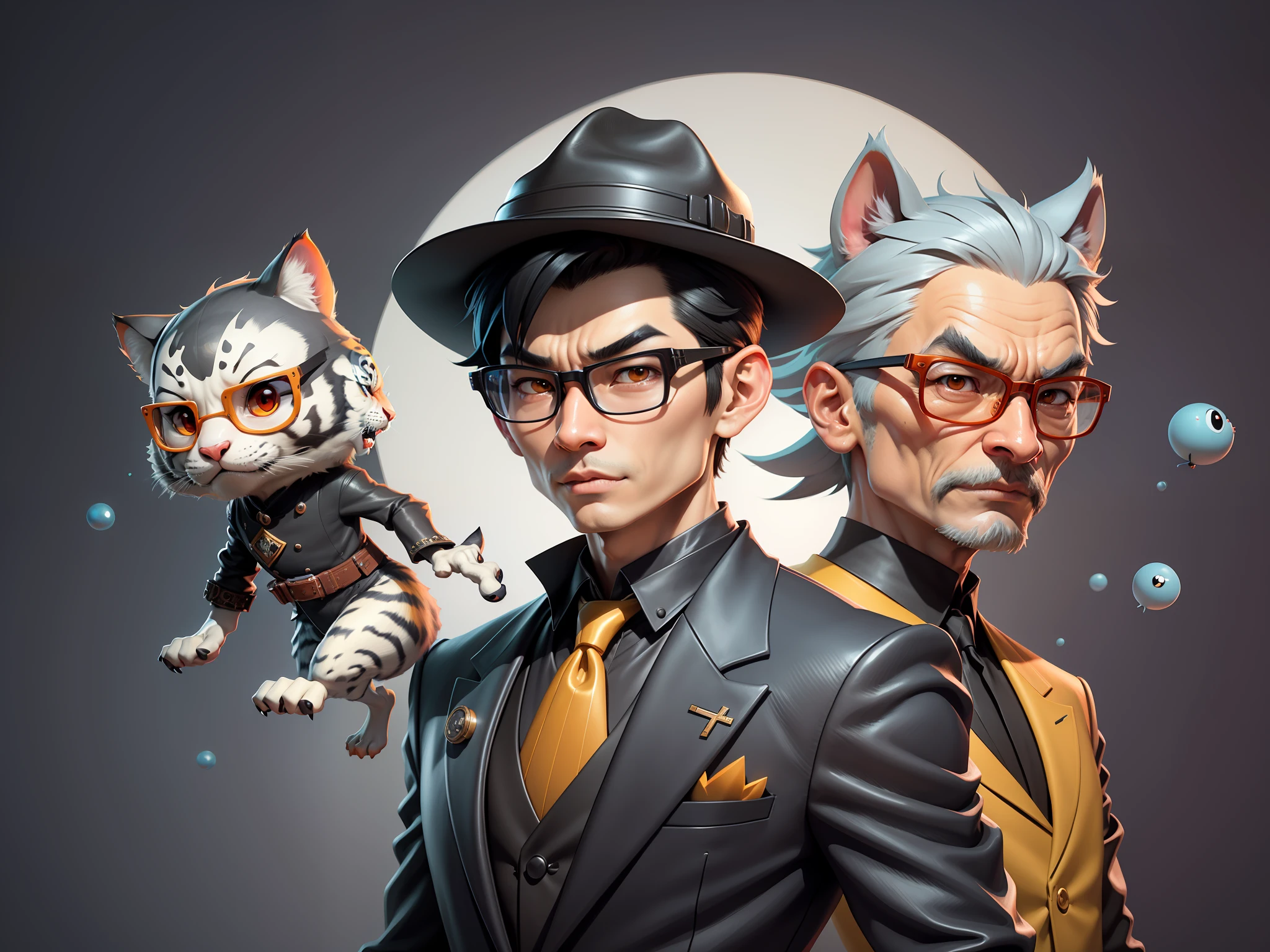 Young man with oriental face in leather hat, tiger, oriental face in formal suit, short black hair, silver glasses, digital painting, 3D character design by Mark Clairedon and Pixar and Hayao Miyazaki and Akira Toriyama, the illustration is a high-definition illustration in 4K resolution with very detailed facial features and cartoon-style visuals.