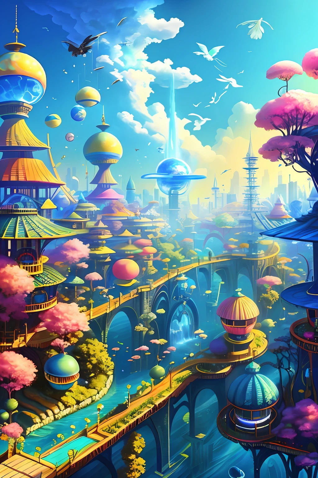 sense of science and technology，City in colorful fantasy style，flowingwater，Skysky，blue-sky，baiyun，living，flying birds