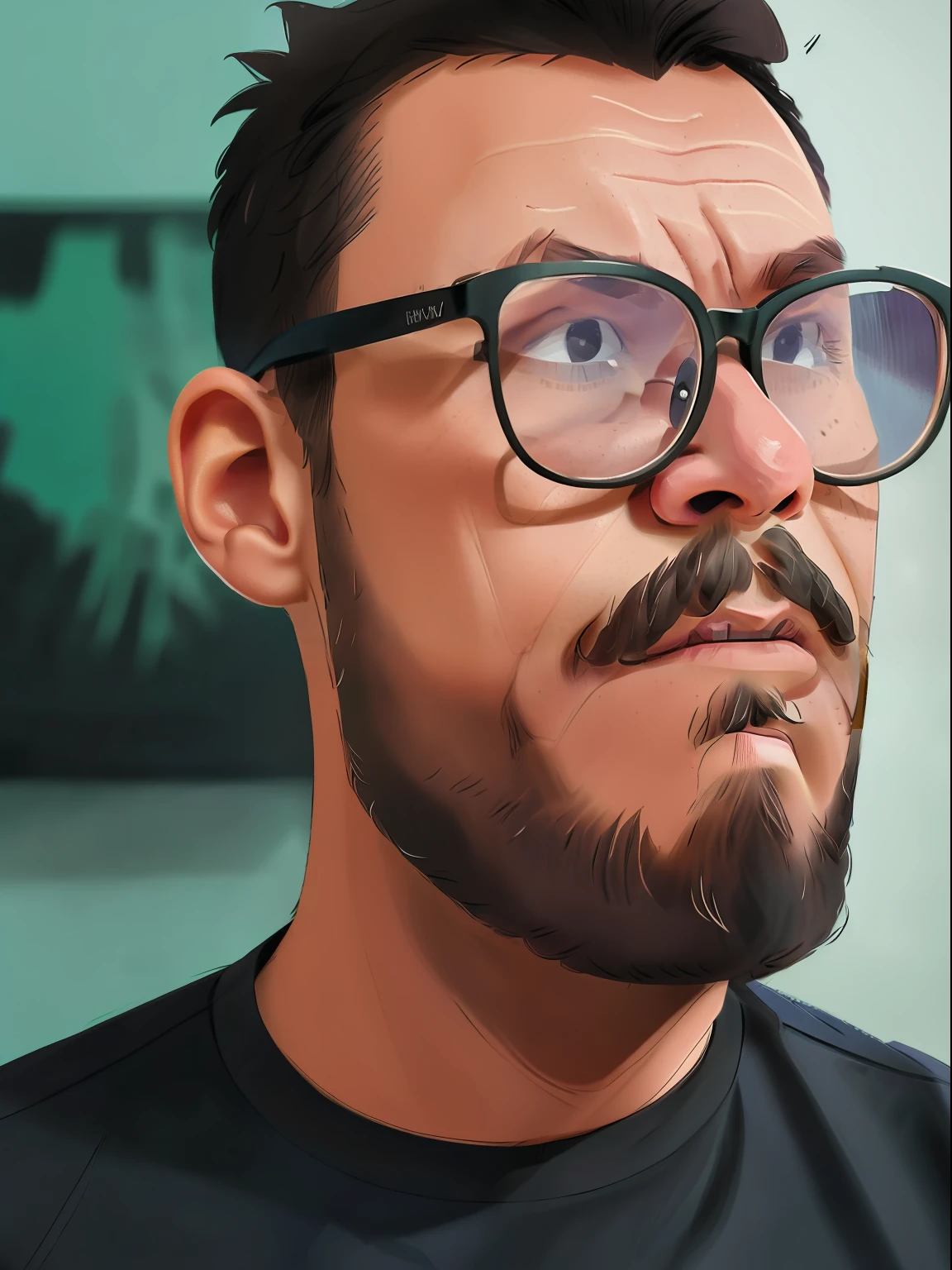 guttonervision8, ((best quality)), ((masterpiece)), ((realistic cartoon)), ((perfect character)) - A frontal portrait, meticulously detailed and realistic, of a bearded man wearing glasses and a black shirt. The man looks directly at the viewer, establishing a strong and confident presence. The image captures his distinct facial features, showcasing the texture of his beard and the design of his glasses with precision. The black shirt is rendered with fine details, adding to the professionalism of the portrait. Designed for official documents, this portrait is presented in stunning 8K UHD resolution, ensuring exceptional clarity and authenticity.